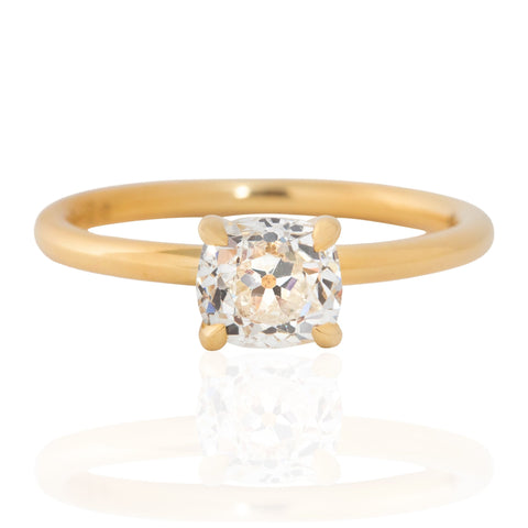 1.02ct GIA J VS2 antique old mine cut diamond four-prong solitaire engagement ring, 18K yellow gold