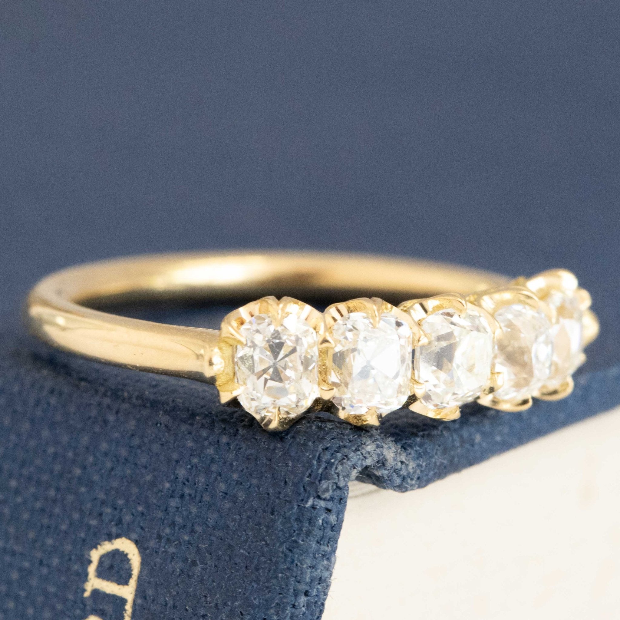 Historic style 1.00ctw Old Mine Cut Diamond 5-Stone Half-Hoop Band wedding band with Old Mine Cut Diamonds, unique heirloom in yellow gold