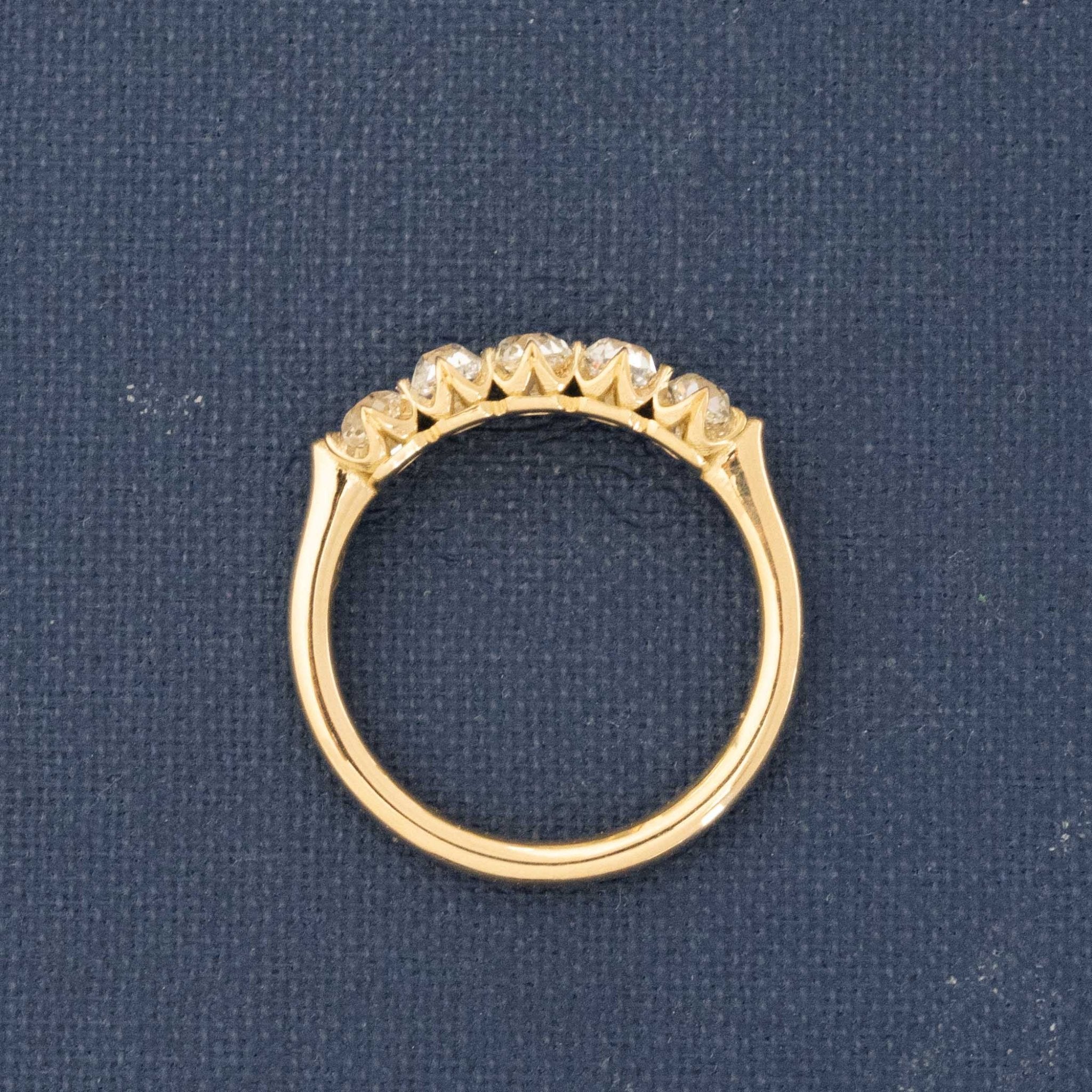Side view of 1.00ctw Old Mine Cut Diamond 5-Stone Half-Hoop Band, vintage-inspired band with Old Mine Cut Diamonds, crafted in yellow gold