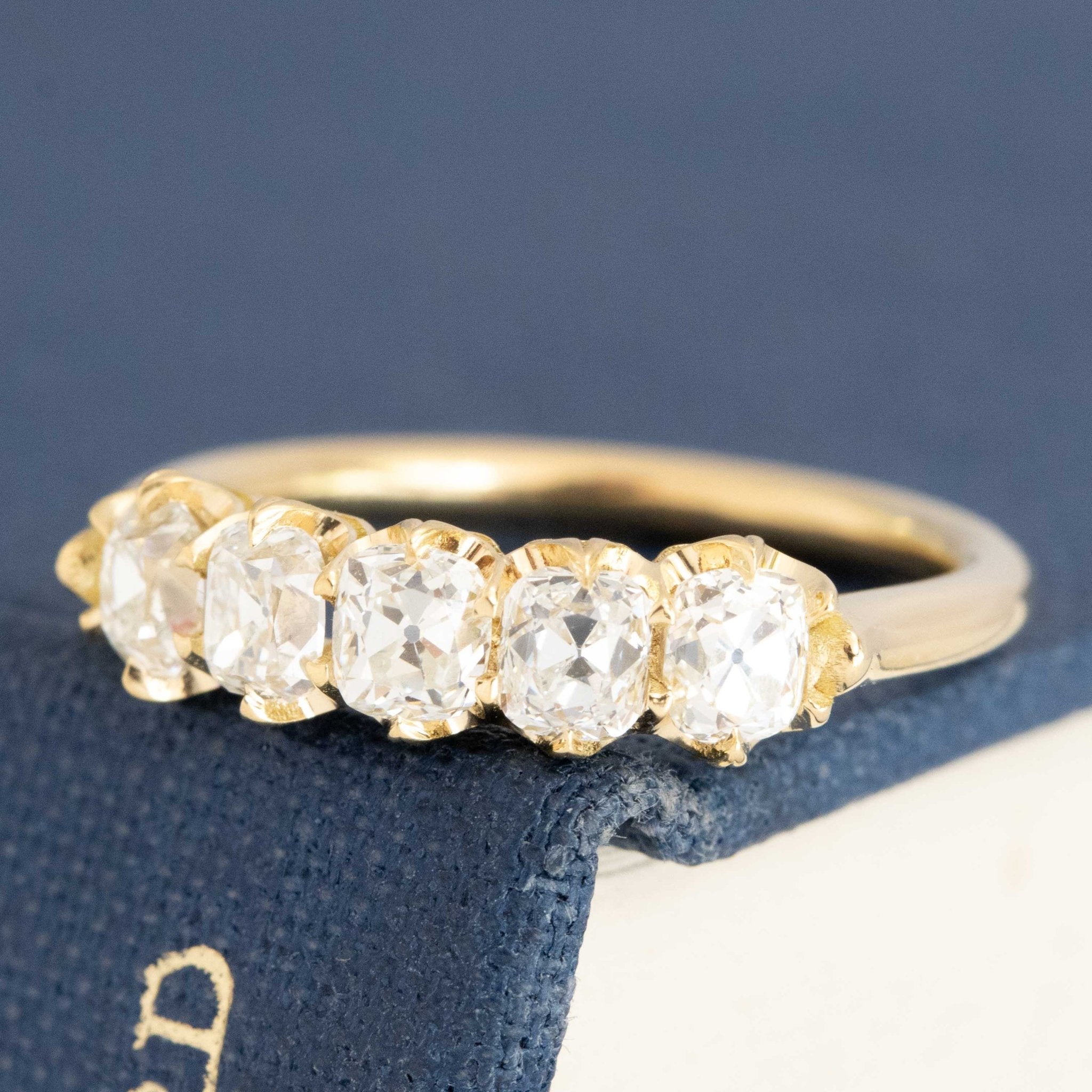 Antique lovers’ 1.00ctw Old Mine Cut Diamond 5-Stone Half-Hoop Band in yellow gold, featuring rare Earth-mined Old Mine Cut Diamonds