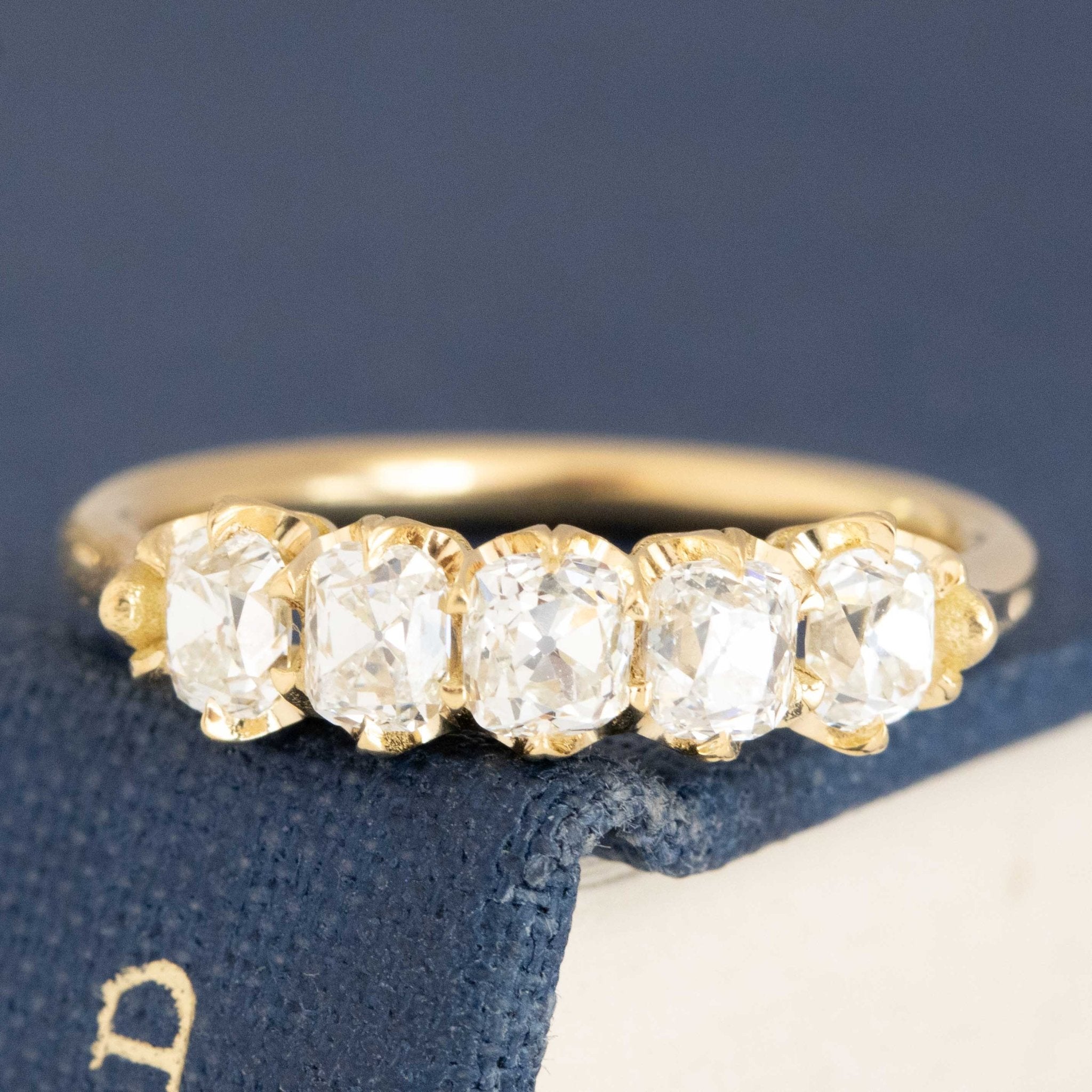 1.00ctw Old Mine Cut Diamond 5-Stone Half-Hoop Band with Old Mine Cut Diamonds in yellow gold, antique-inspired one-of-a-kind wedding band