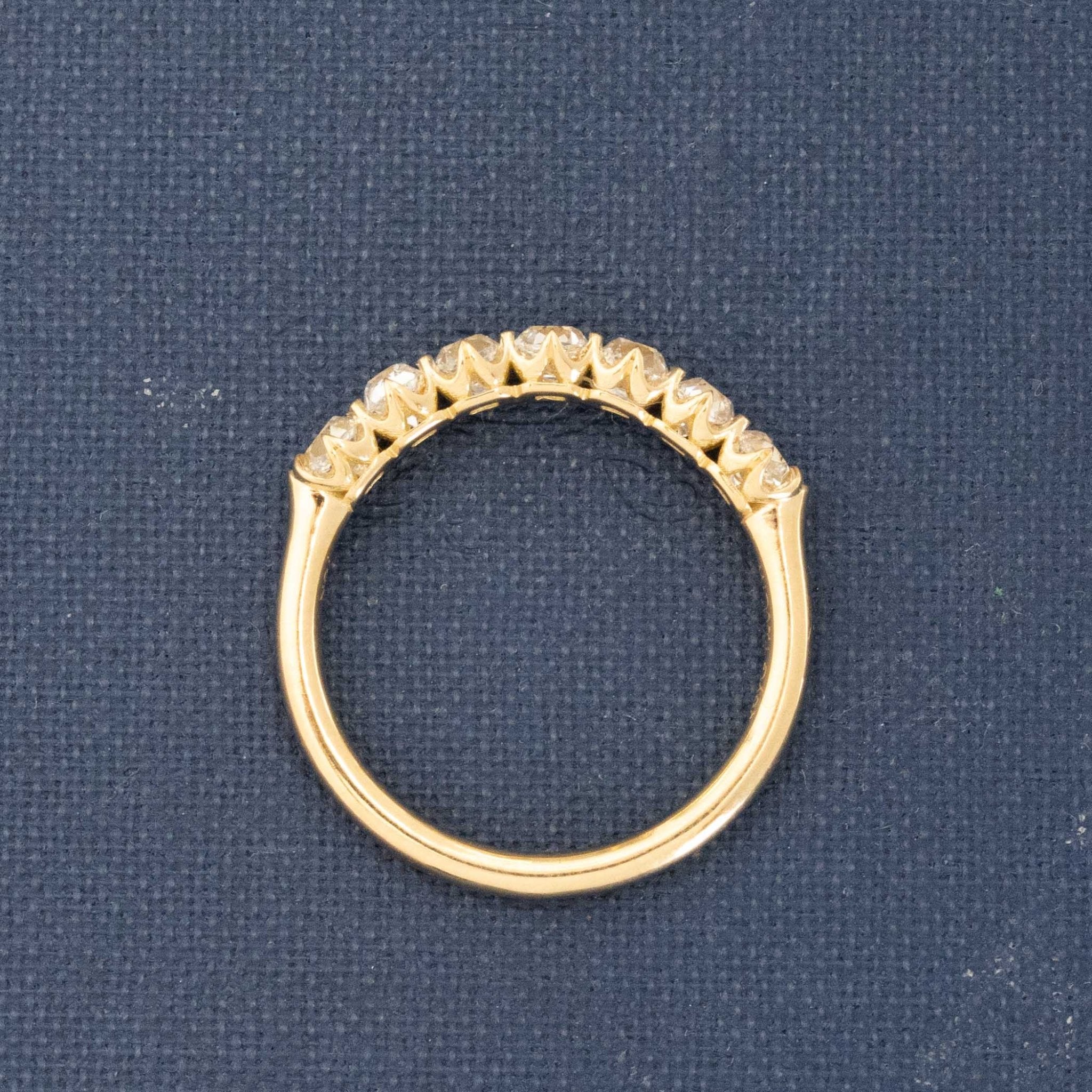 Side view of 1.00ctw Old Mine Cut Diamond 7-Stone Half-Hoop Band, vintage-inspired band with Old Mine Cut Diamonds, crafted in yellow gold