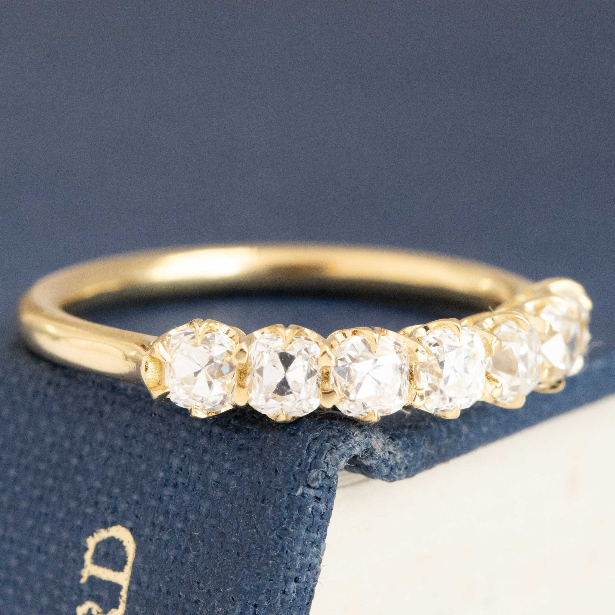Historic style 1.00ctw Old Mine Cut Diamond 7-Stone Half-Hoop Band wedding band with Old Mine Cut Diamonds, unique heirloom in yellow gold