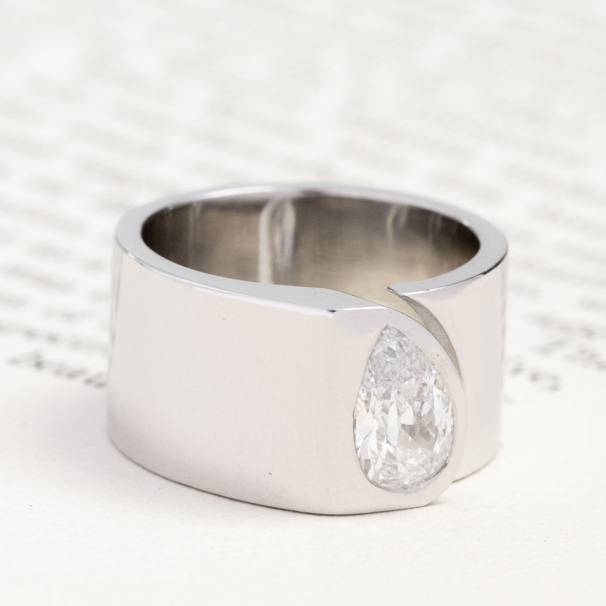 Historic style 1.01ct Pear Cut Diamond Open Cigar Band, GIA E wedding band with Antique Diamonds, unique heirloom in platinum