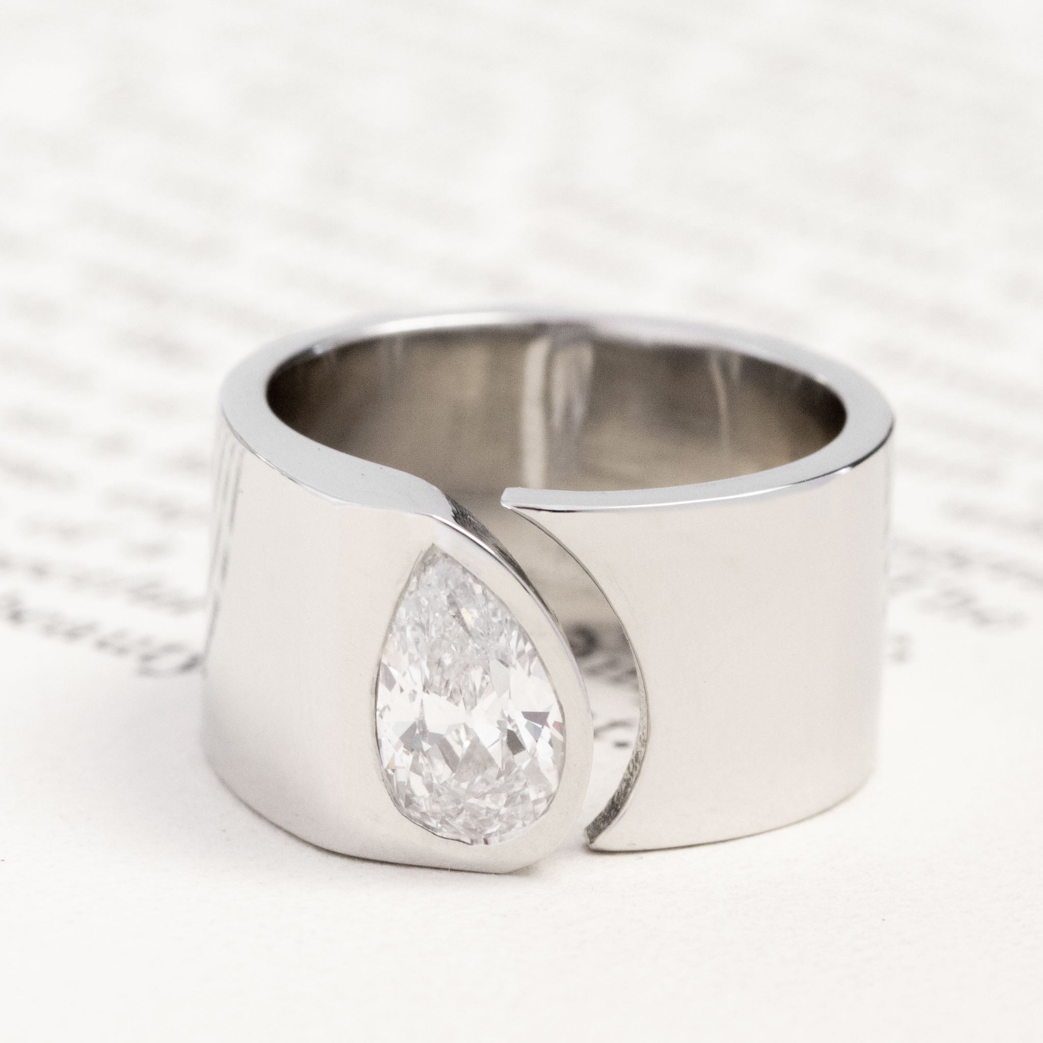 1.01ct Pear Cut Diamond Open Cigar Band, GIA E with Antique Diamonds in platinum, antique-inspired one-of-a-kind wedding band
