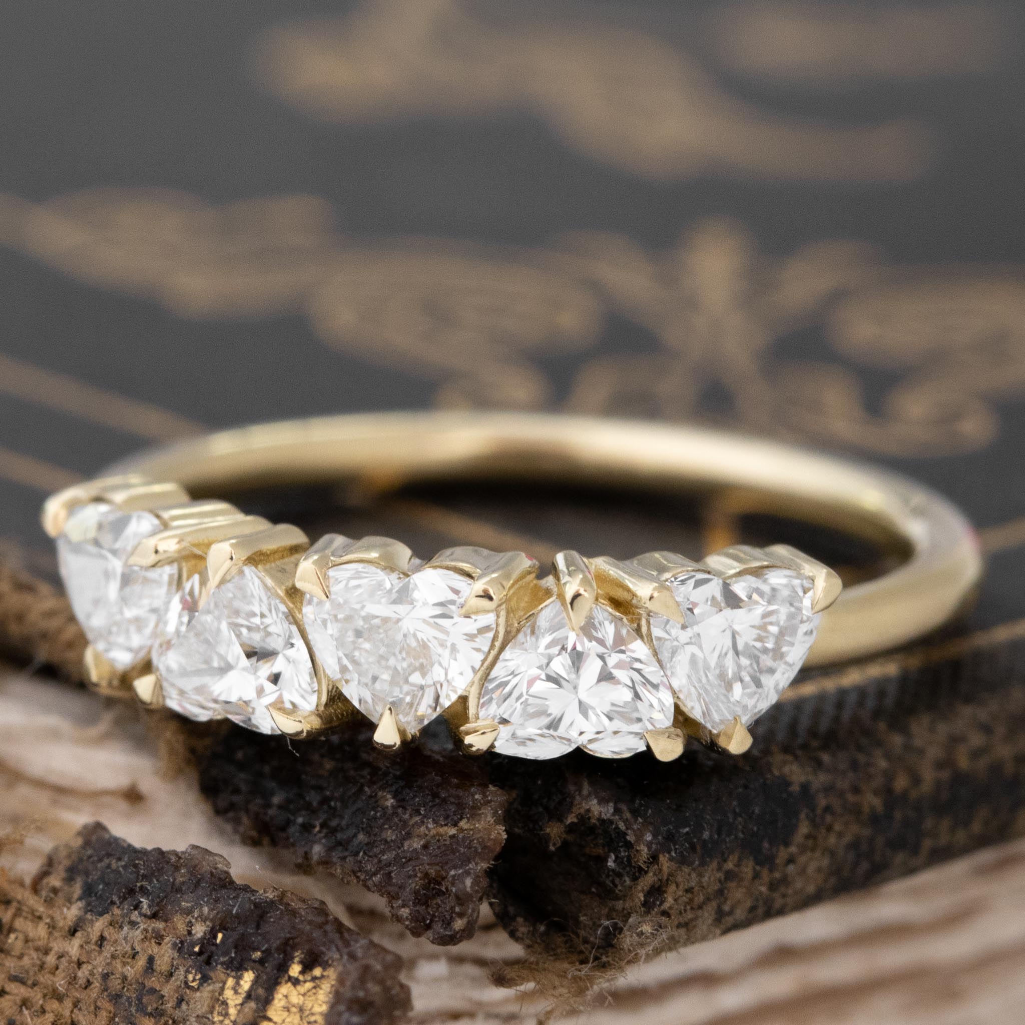 Antique lovers’ 1.01ctw Heart Cut Diamond 5-Stone Band in yellow gold, featuring rare Earth-mined Antique Diamonds