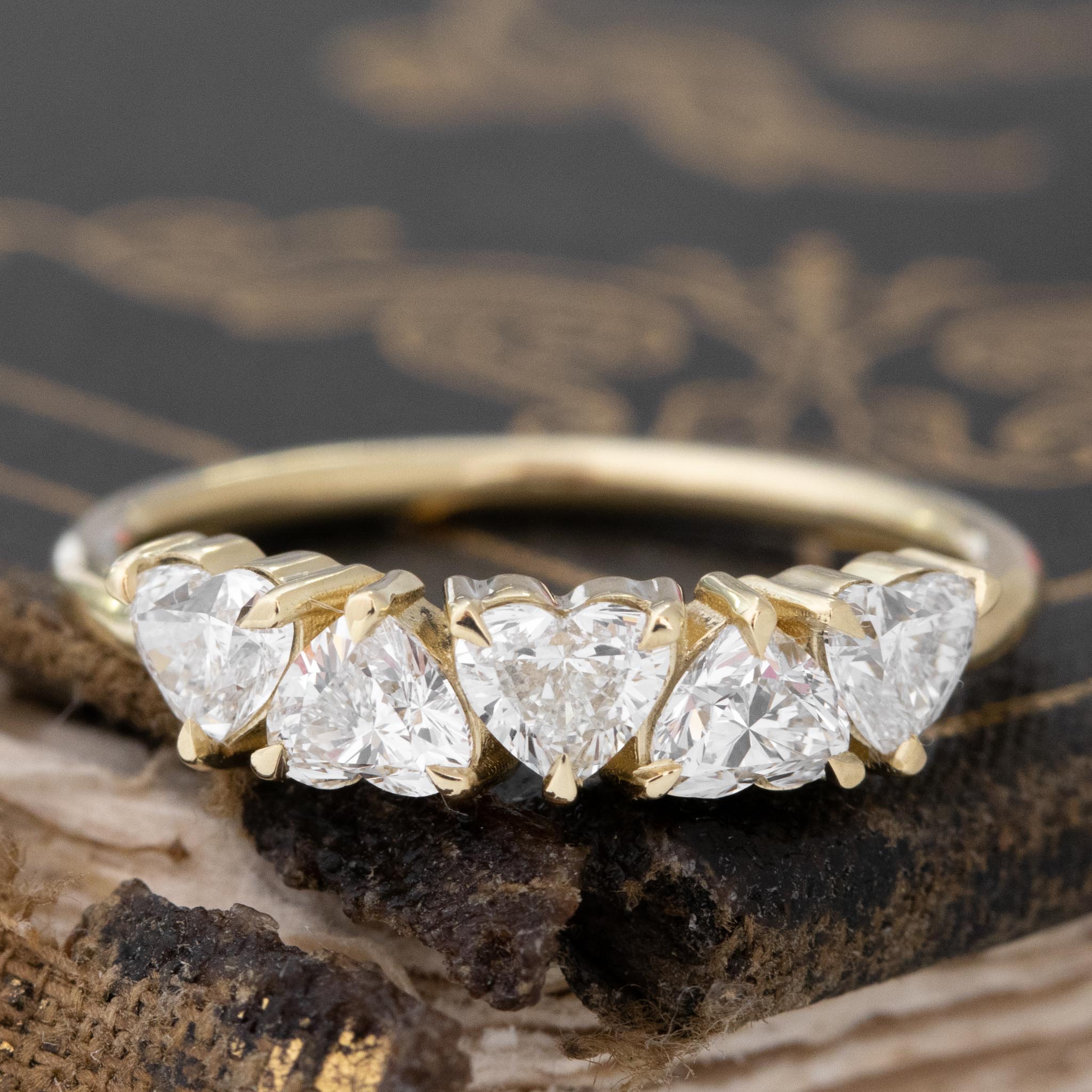 1.01ctw Heart Cut Diamond 5-Stone Band with Antique Diamonds in yellow gold, antique-inspired one-of-a-kind wedding band