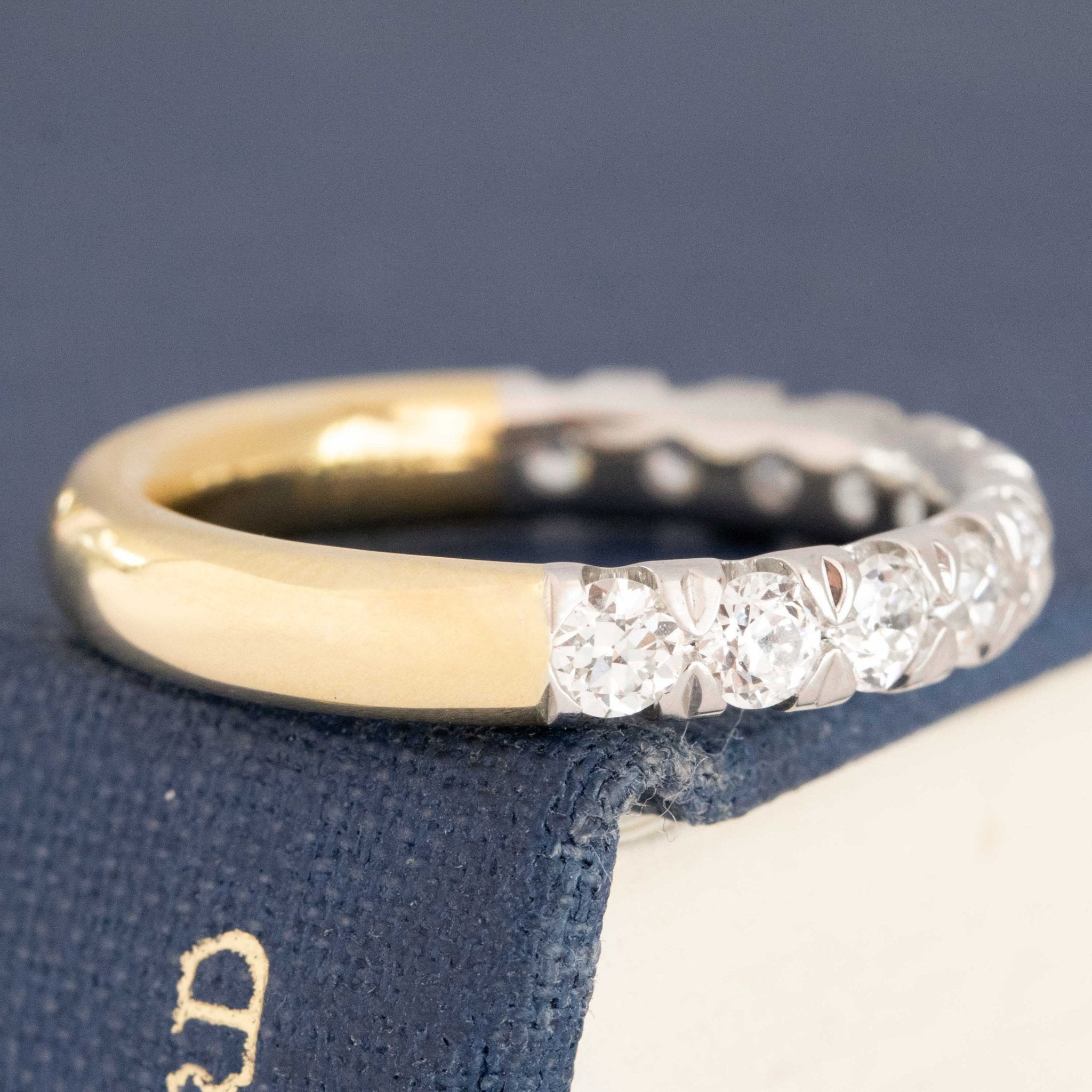 Historic style 1.01ctw Old European Cut Diamond Half-Eternity Yin-Yang Band wedding band with Old European Cut Diamonds, unique heirloom in platinum and yellow gold