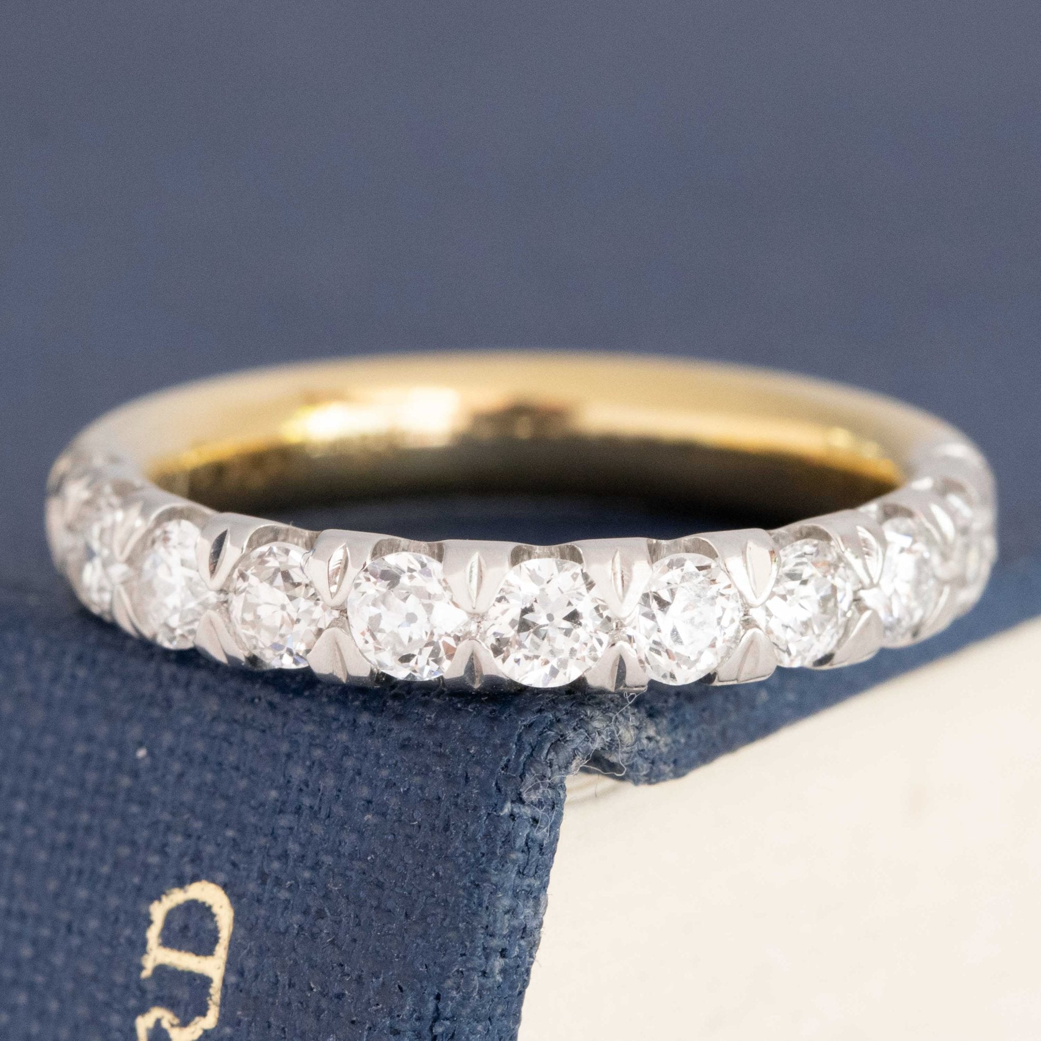 1.01ctw Old European Cut Diamond Half-Eternity Yin-Yang Band with Old European Cut Diamonds in platinum and yellow gold, antique-inspired one-of-a-kind wedding band
