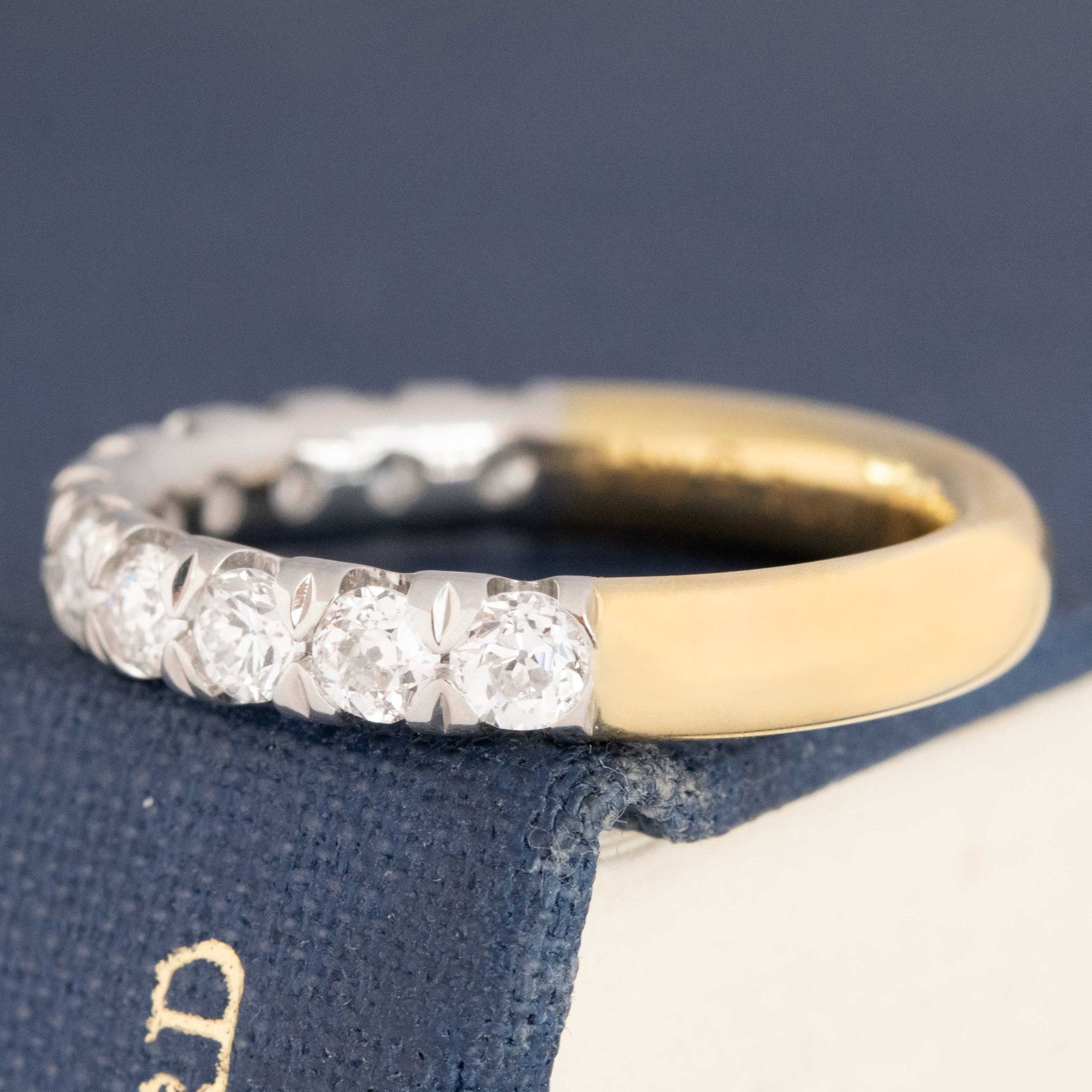 Antique lovers’ 1.01ctw Old European Cut Diamond Half-Eternity Yin-Yang Band in platinum and yellow gold, featuring rare Earth-mined Old European Cut Diamonds