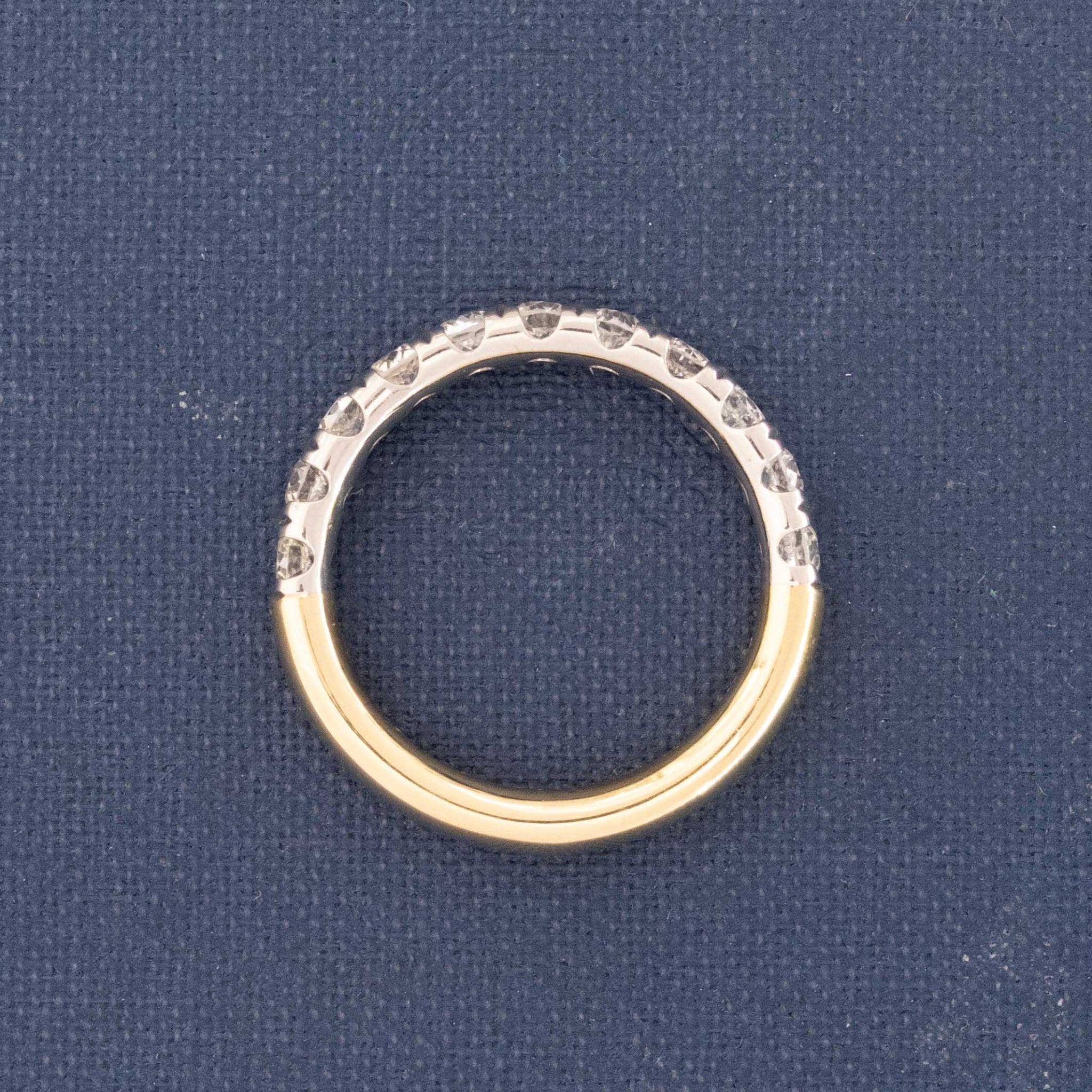 Side view of 1.01ctw Old European Cut Diamond Half-Eternity Yin-Yang Band, natural Earth-mined Old European Cut Diamonds in platinum and yellow gold