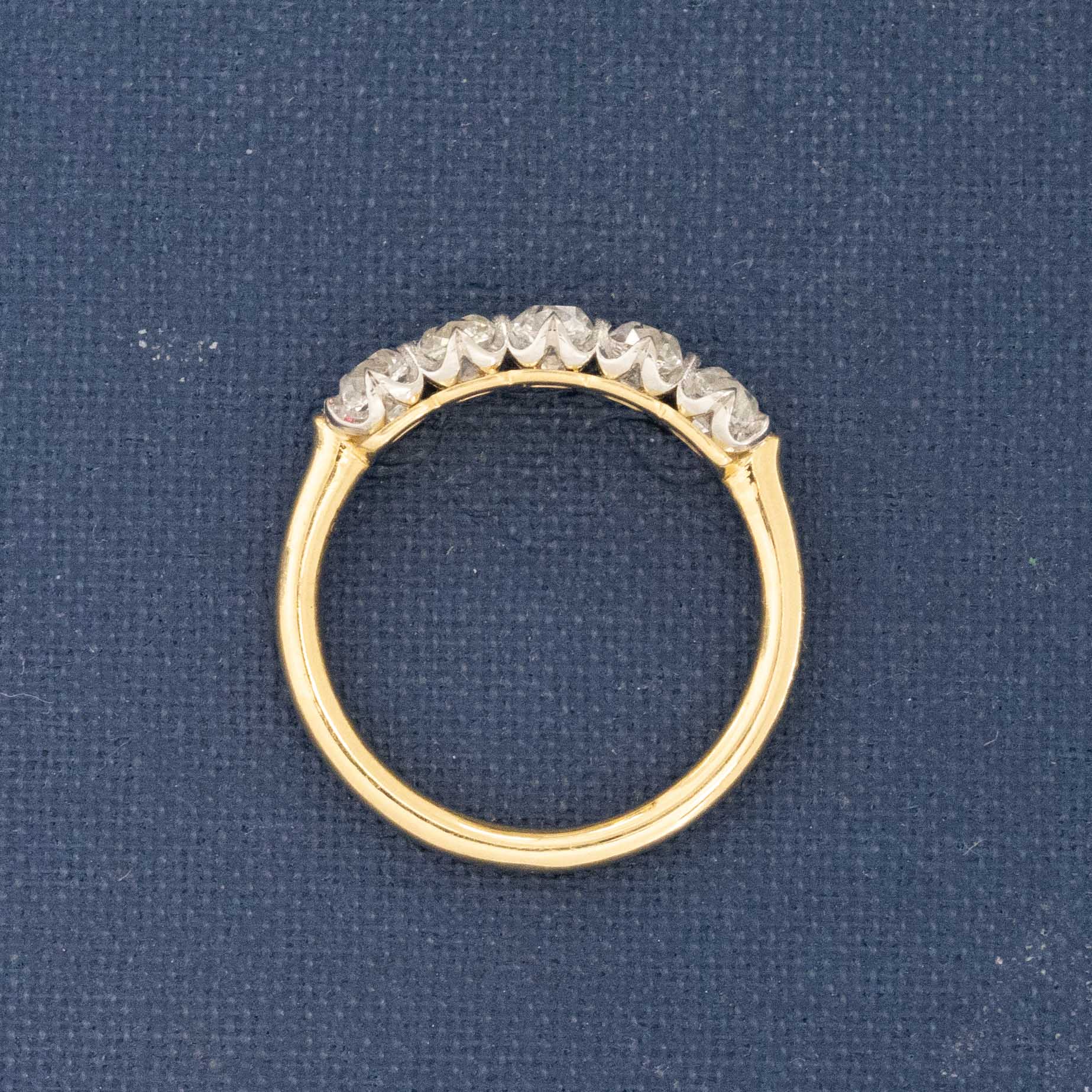 Side view of 1.01ctw Old Mine Cut Diamond 5-Stone Band, natural Earth-mined Old Mine Cut Diamonds in platinum