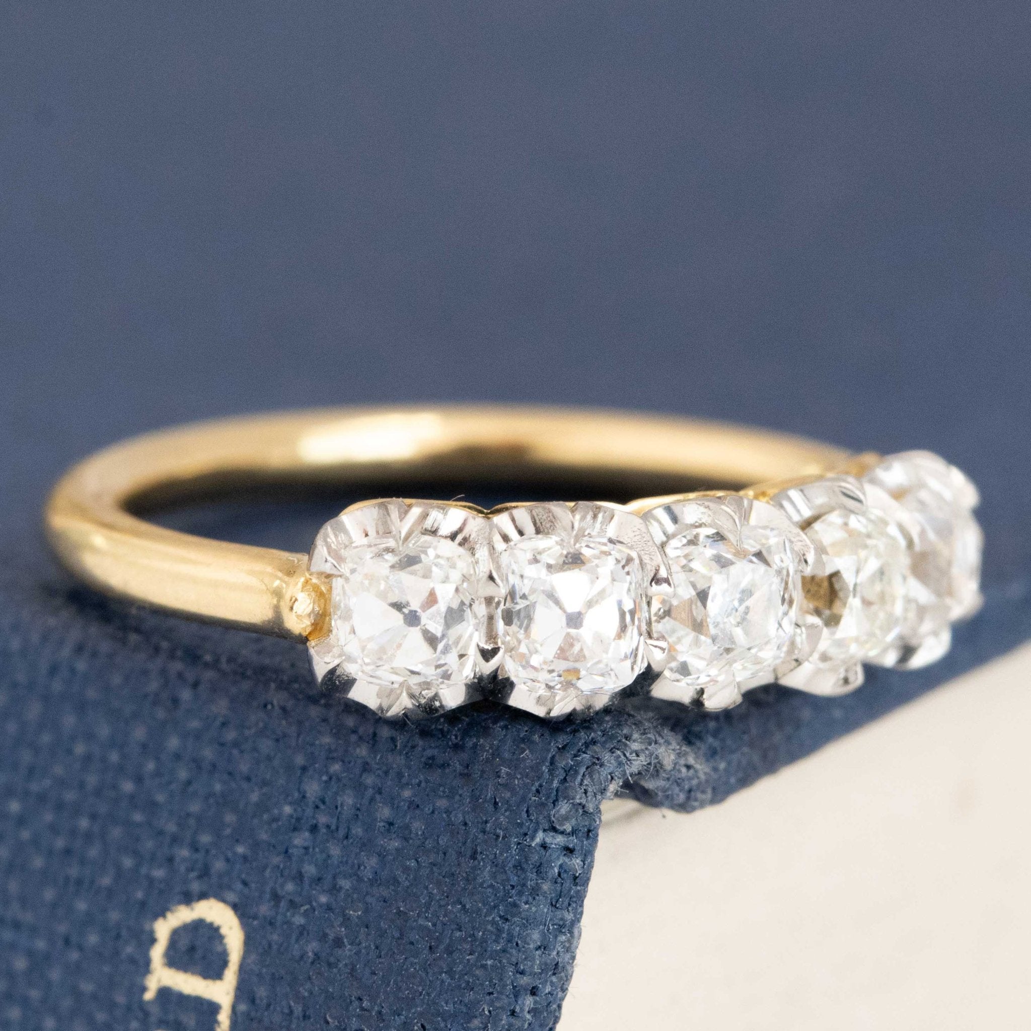Historic style 1.01ctw Old Mine Cut Diamond 5-Stone Band wedding band with Old Mine Cut Diamonds, unique heirloom in platinum and yellow gold