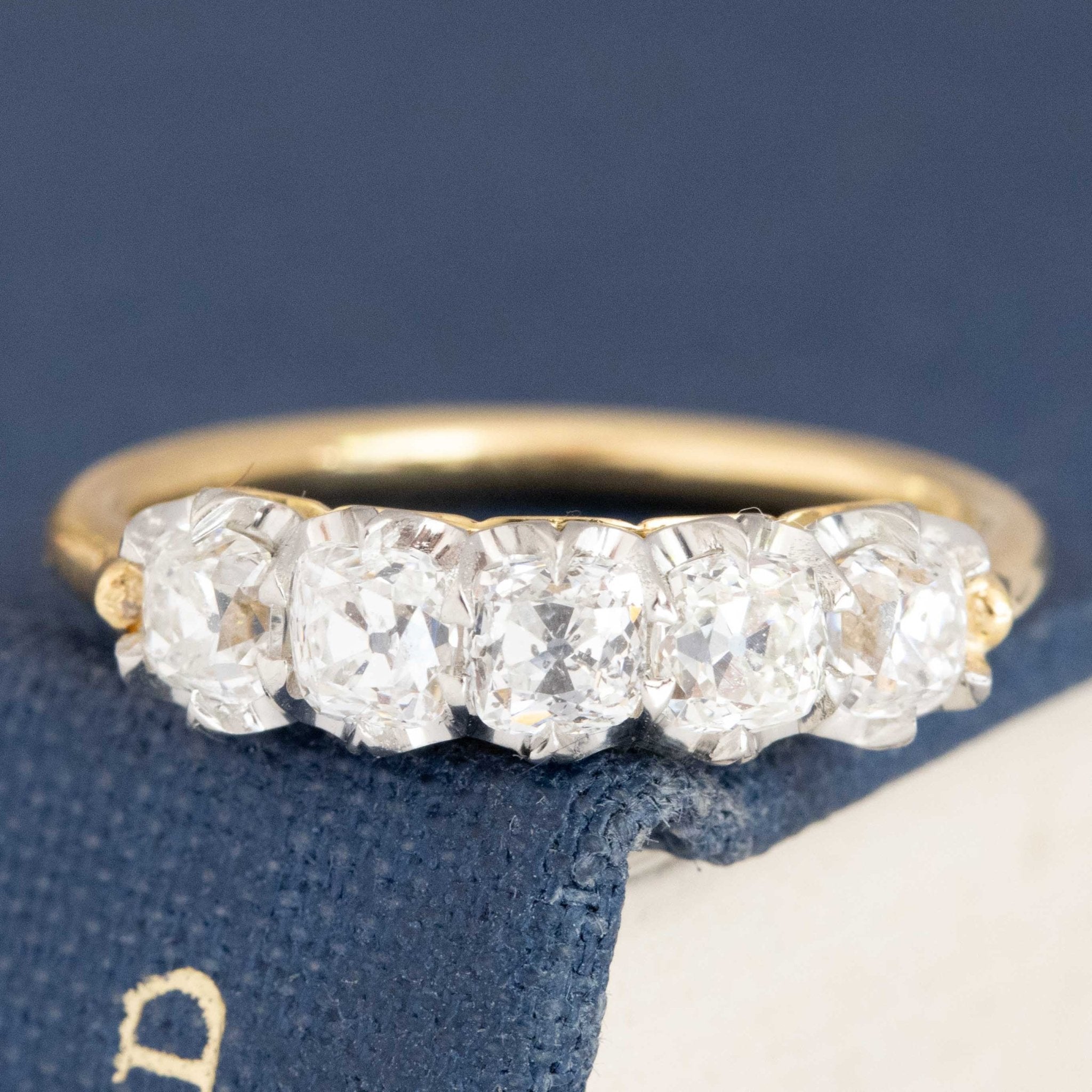 1.01ctw Old Mine Cut Diamond 5-Stone Band with Old Mine Cut Diamonds in platinum and yellow gold, antique-inspired one-of-a-kind wedding band