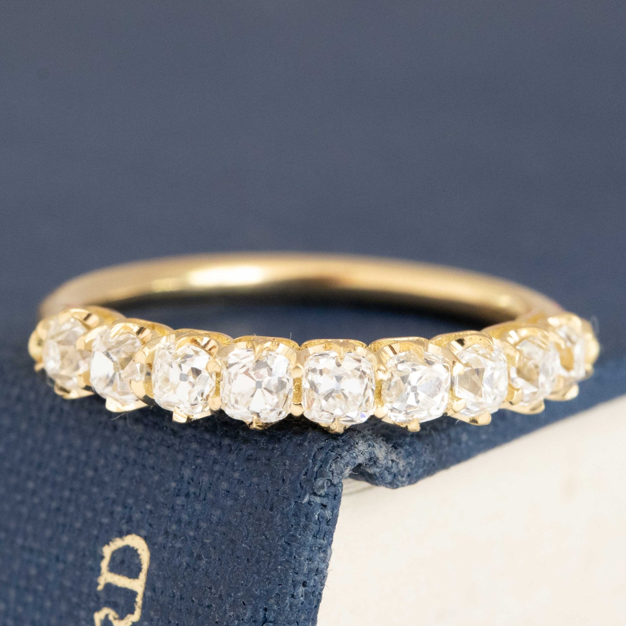 1.01ctw Old Mine Cut Diamond Half-Hoop 9-Stone Band with Old Mine Cut Diamonds in yellow gold, antique-inspired one-of-a-kind wedding band