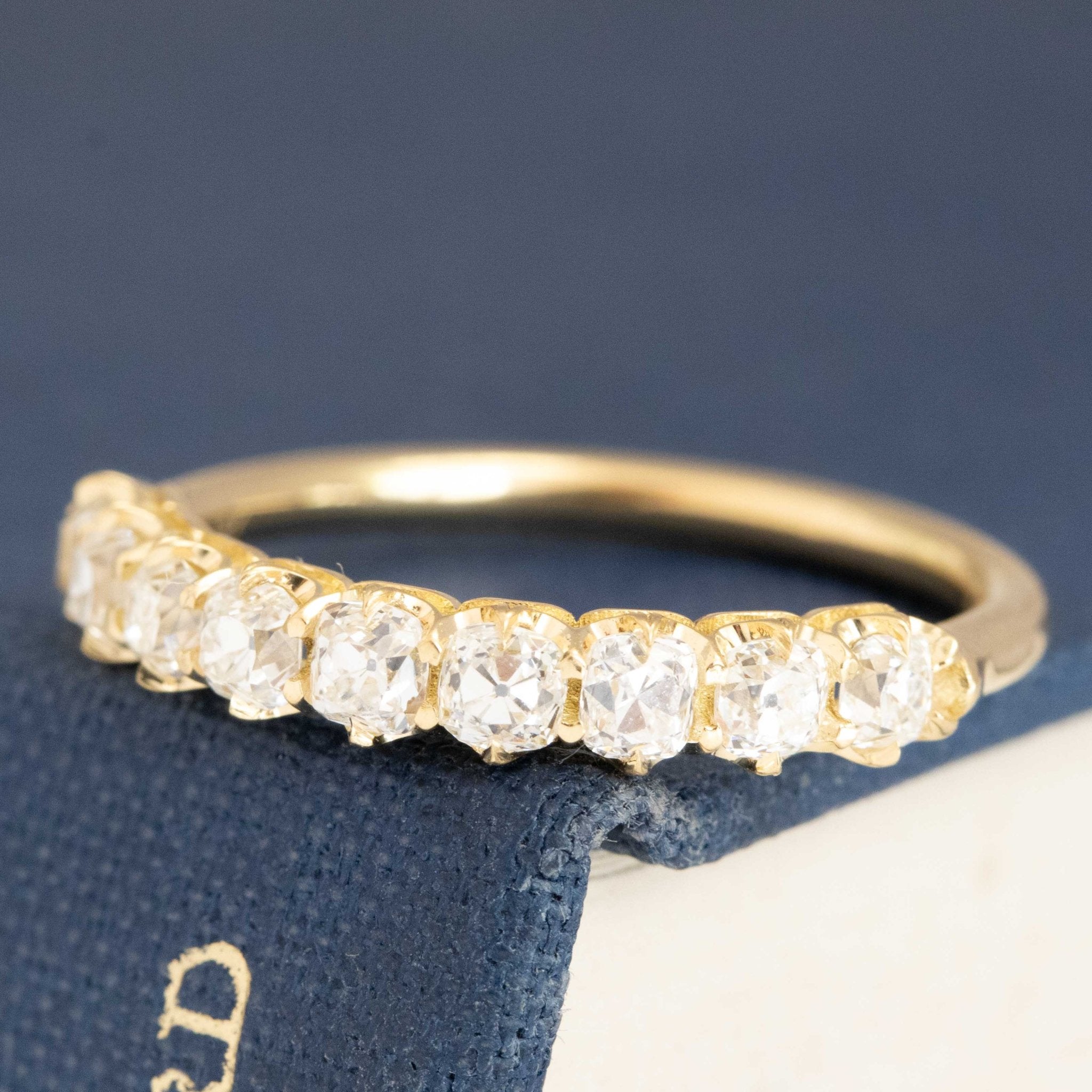 Antique lovers’ 1.01ctw Old Mine Cut Diamond Half-Hoop 9-Stone Band in yellow gold, featuring rare Earth-mined Old Mine Cut Diamonds