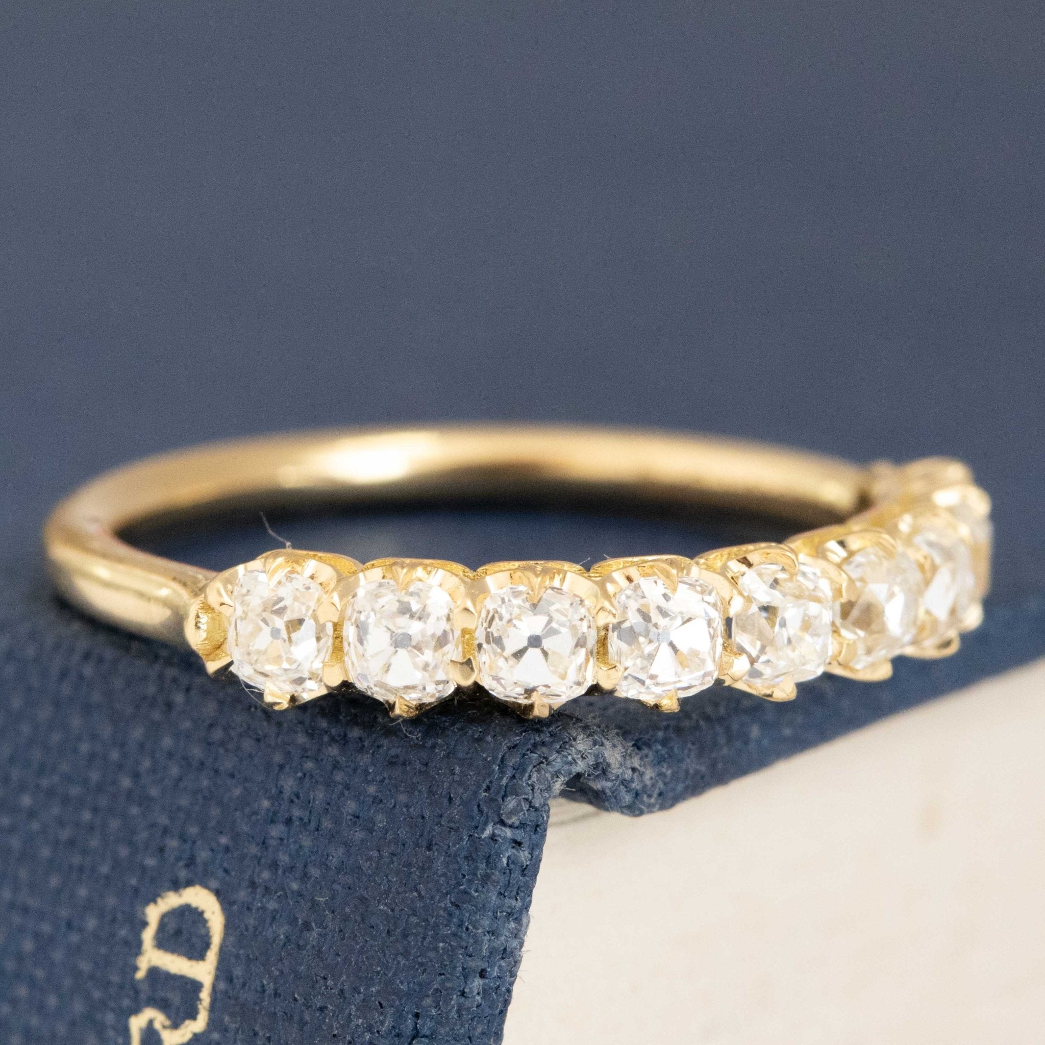 Historic style 1.01ctw Old Mine Cut Diamond Half-Hoop 9-Stone Band wedding band with Old Mine Cut Diamonds, unique heirloom in yellow gold