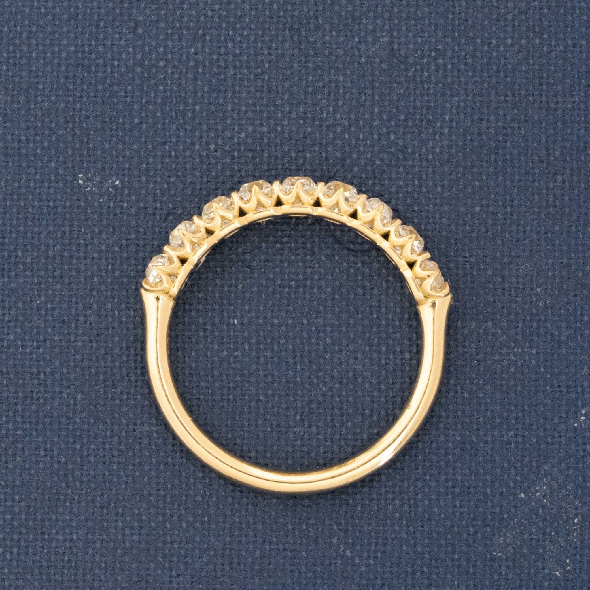 Side view of 1.01ctw Old Mine Cut Diamond Half-Hoop 9-Stone Band, natural Earth-mined Old Mine Cut Diamonds in yellow gold
