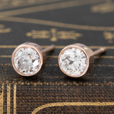 1.02ctw old European cut diamond bezel stud earrings in 14kt rose gold – alternate view 4