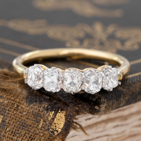 1.02ctw Old Mine Cut Diamond 5-Stone Band with Old Mine Cut Diamonds in platinum and yellow gold, antique-inspired one-of-a-kind wedding band