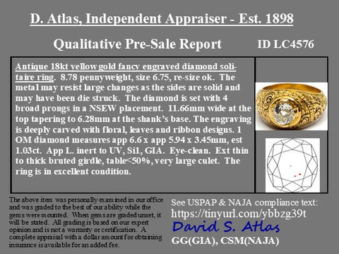 1.03ct Antique Old Mine Cut Diamond Engraved Solitaire