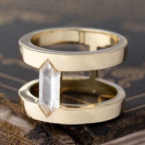 1.03ct GIA S-T VS1 shield step cut diamond in an open space wide cigar band armor ring, 18K yellow gold – alternate view 4