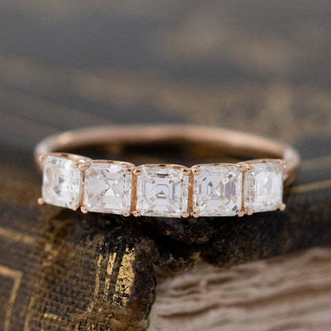 1.03ctw Asscher Cut Diamond 5-Stone Band with Antique Diamonds in rose gold, antique-inspired one-of-a-kind wedding band