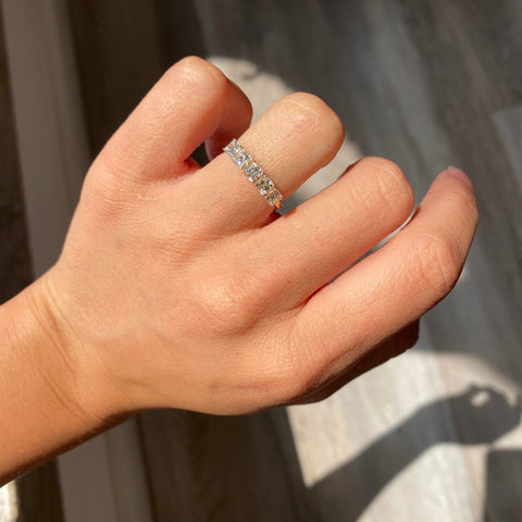 Elegant 1.03ctw Asscher Cut Diamond 5-Stone Band, romantic design with Antique Diamonds, Earth-mined diamonds in rose gold shown on ring finger