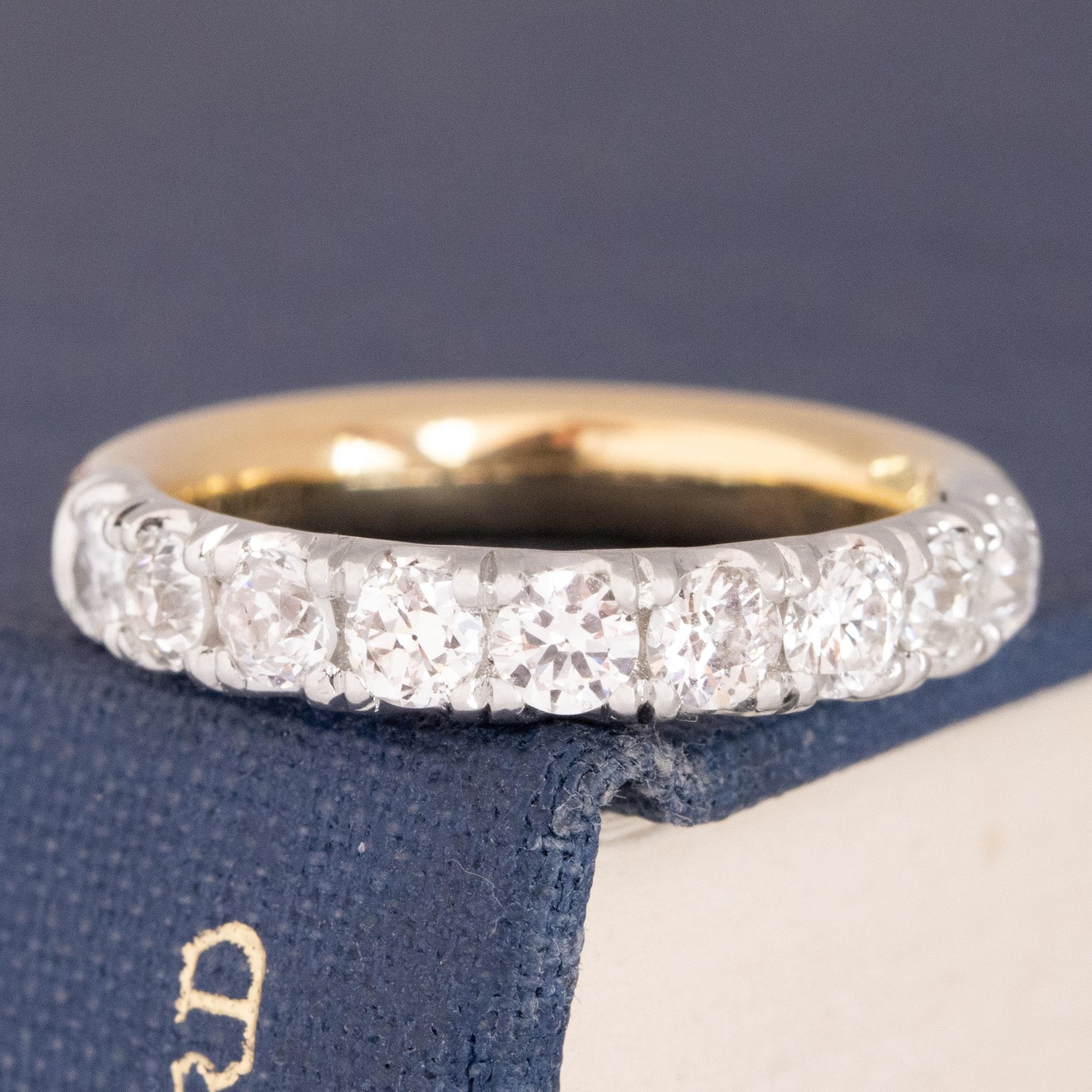 1.03ctw Old European Cut Diamond Yin-Yang Half Eternity Band with Old European Cut Diamonds in platinum and yellow gold, antique-inspired one-of-a-kind wedding band