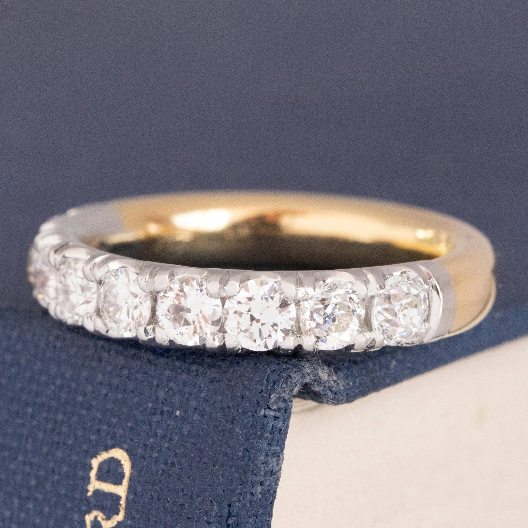 Antique lovers’ 1.03ctw Old European Cut Diamond Yin-Yang Half Eternity Band in platinum and yellow gold, featuring rare Earth-mined Old European Cut Diamonds