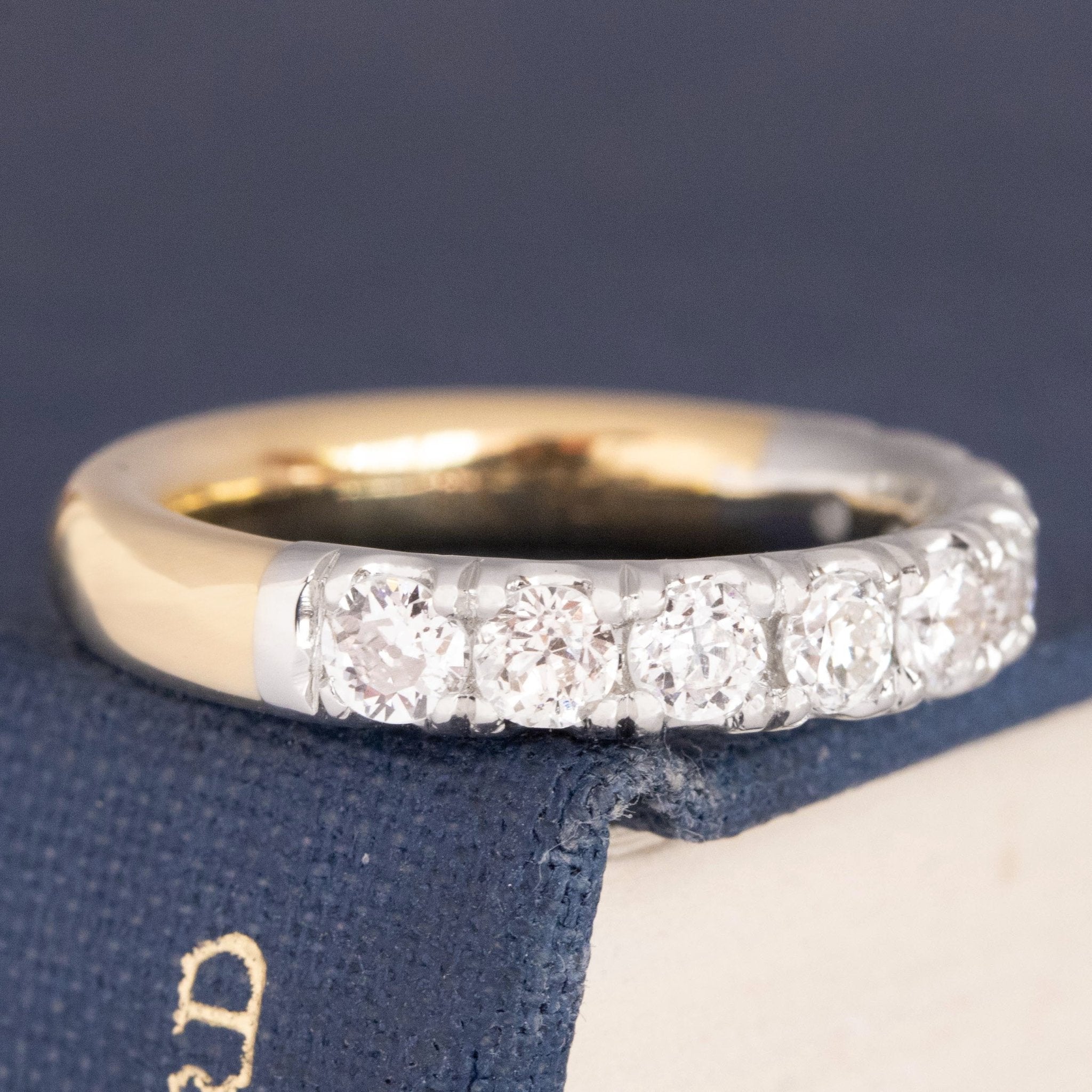Historic style 1.03ctw Old European Cut Diamond Yin-Yang Half Eternity Band wedding band with Old European Cut Diamonds, unique heirloom in platinum and yellow gold