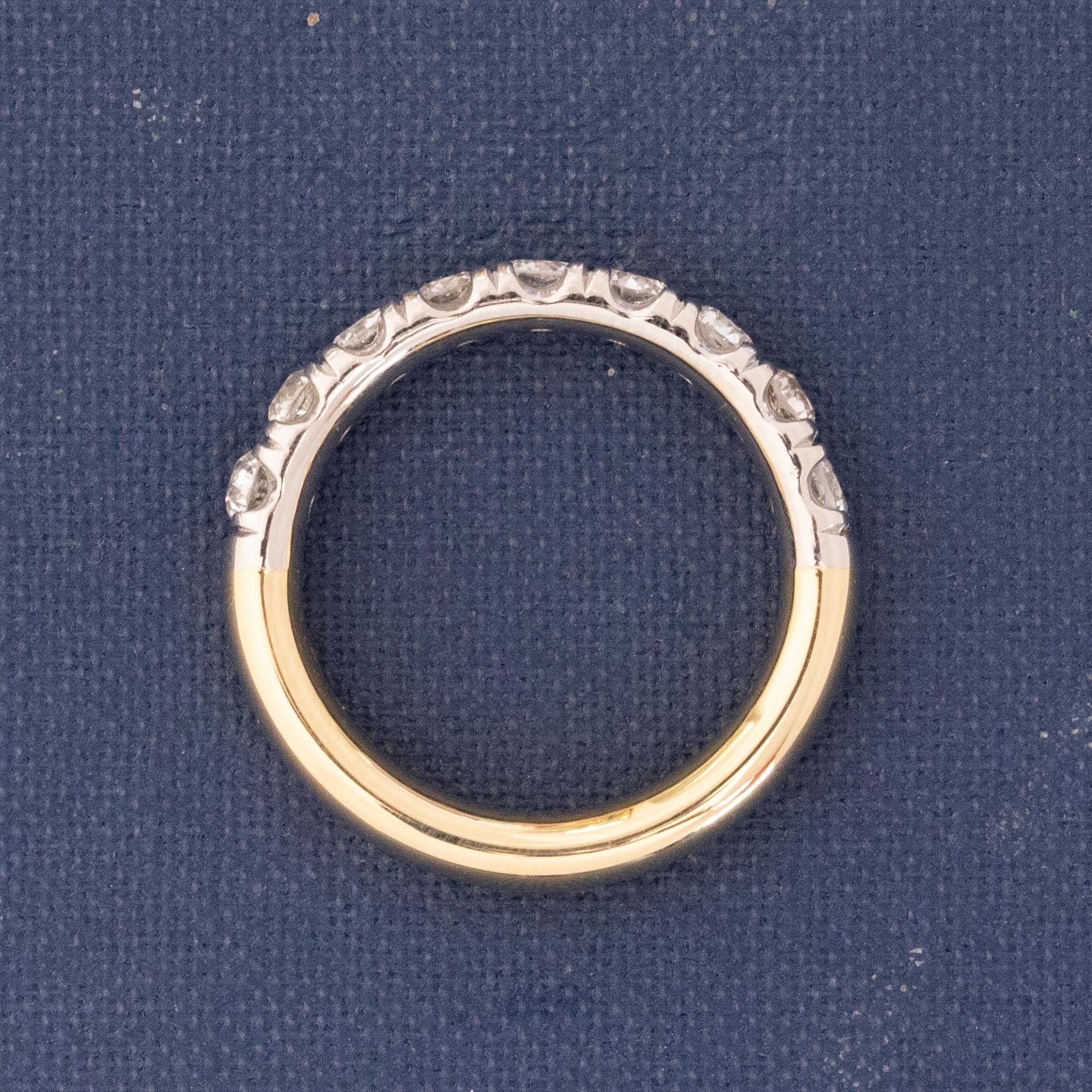Side view of 1.03ctw Old European Cut Diamond Yin-Yang Half Eternity Band, natural Earth-mined Old European Cut Diamonds in platinum and yellow gold