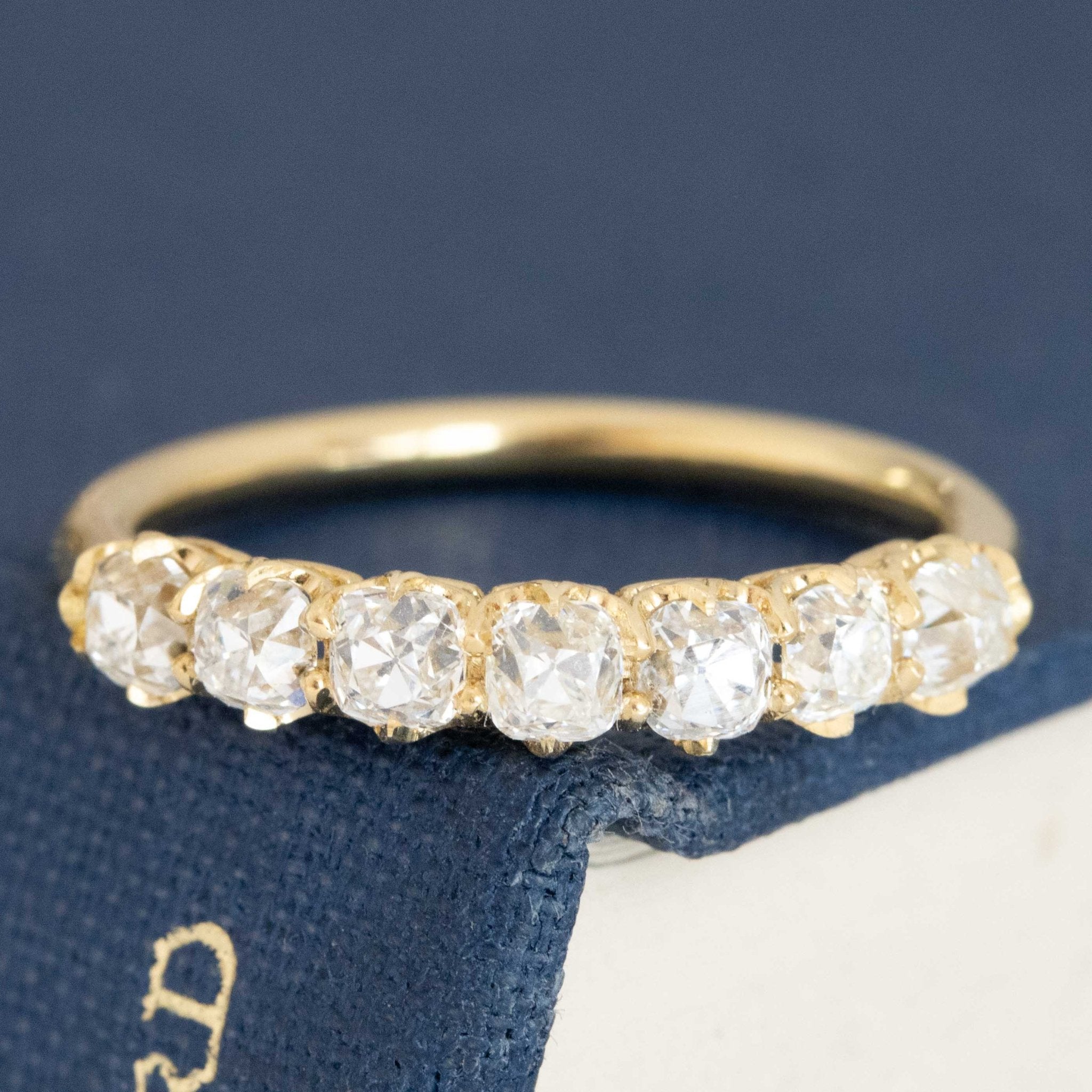 1.03ctw Petite Old Mine Cut Diamond 7-Stone Half-Hoop Band with Old Mine Cut Diamonds in yellow gold, antique-inspired one-of-a-kind wedding band