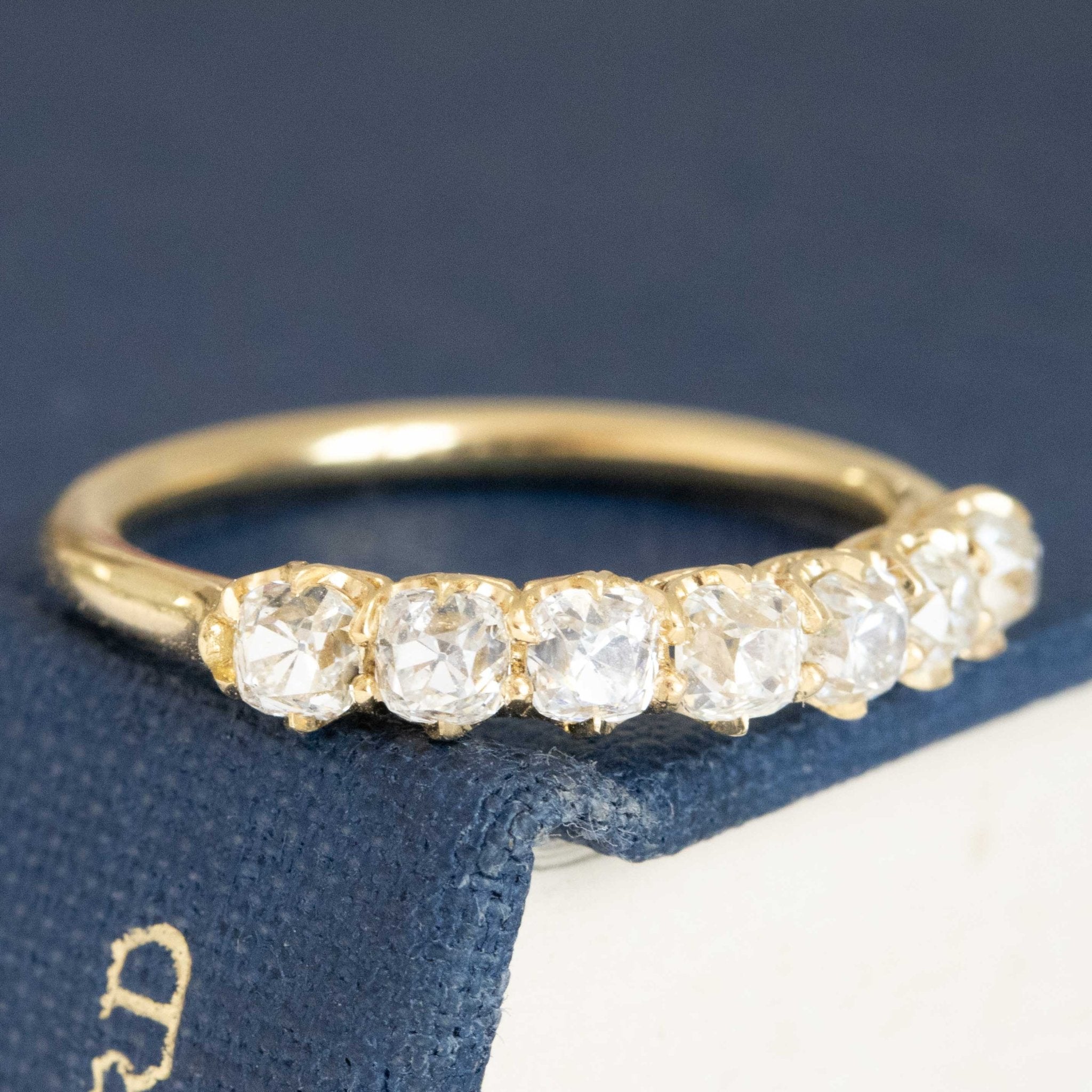 Historic style 1.03ctw Petite Old Mine Cut Diamond 7-Stone Half-Hoop Band wedding band with Old Mine Cut Diamonds, unique heirloom in yellow gold