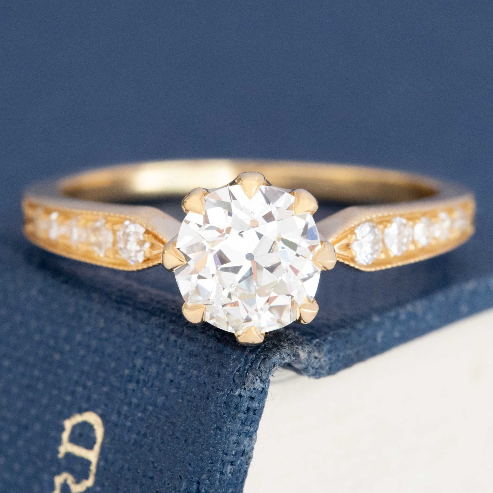 Vintage Old European cut diamond engagement ring with 1.04ct center in 18k yellow gold.