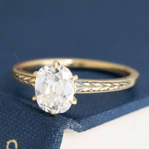 1.05ct GIA E SI1 old mine cut diamond in a hand engraved, patinated solitaire, 18K yellow gold – alternate view 4
