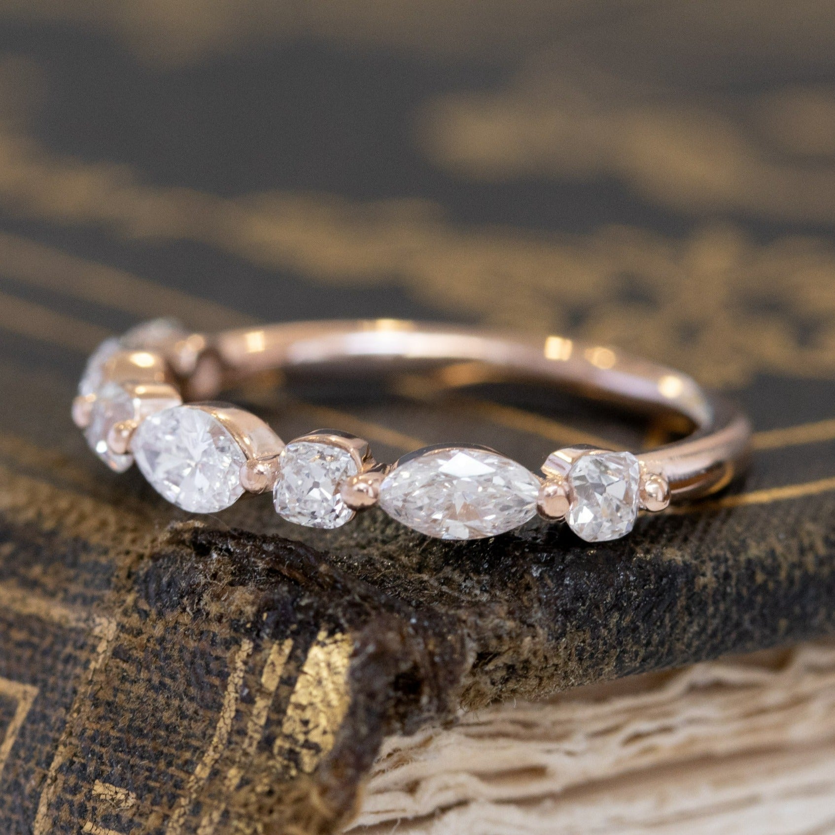Antique lovers’ 1.05ctw Mixed Marquise & Old Mine Cut Diamond Band in rose gold, featuring rare Earth-mined Old Mine Cut Diamonds