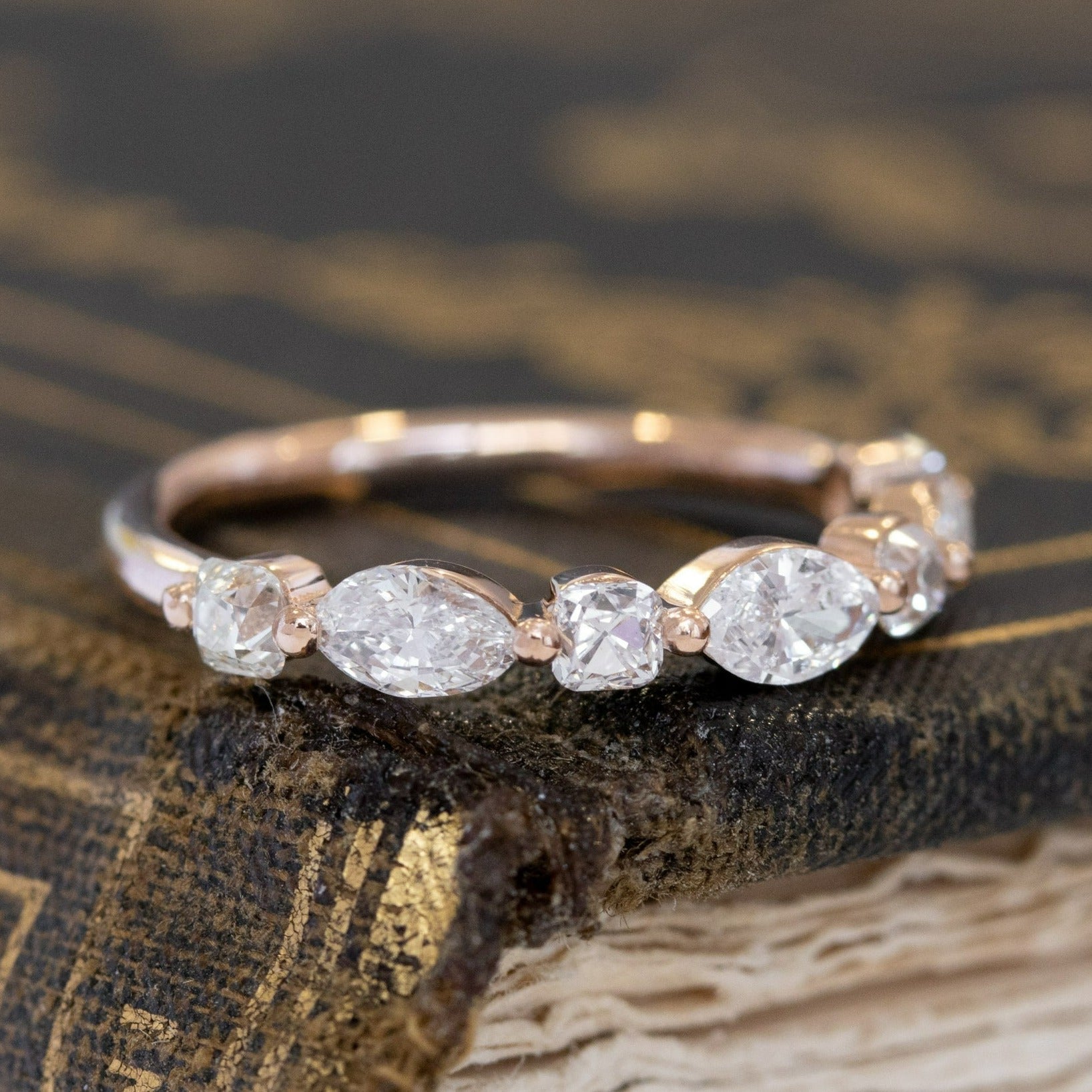 Historic style 1.05ctw Mixed Marquise & Old Mine Cut Diamond Band wedding band with Old Mine Cut Diamonds, unique heirloom in rose gold