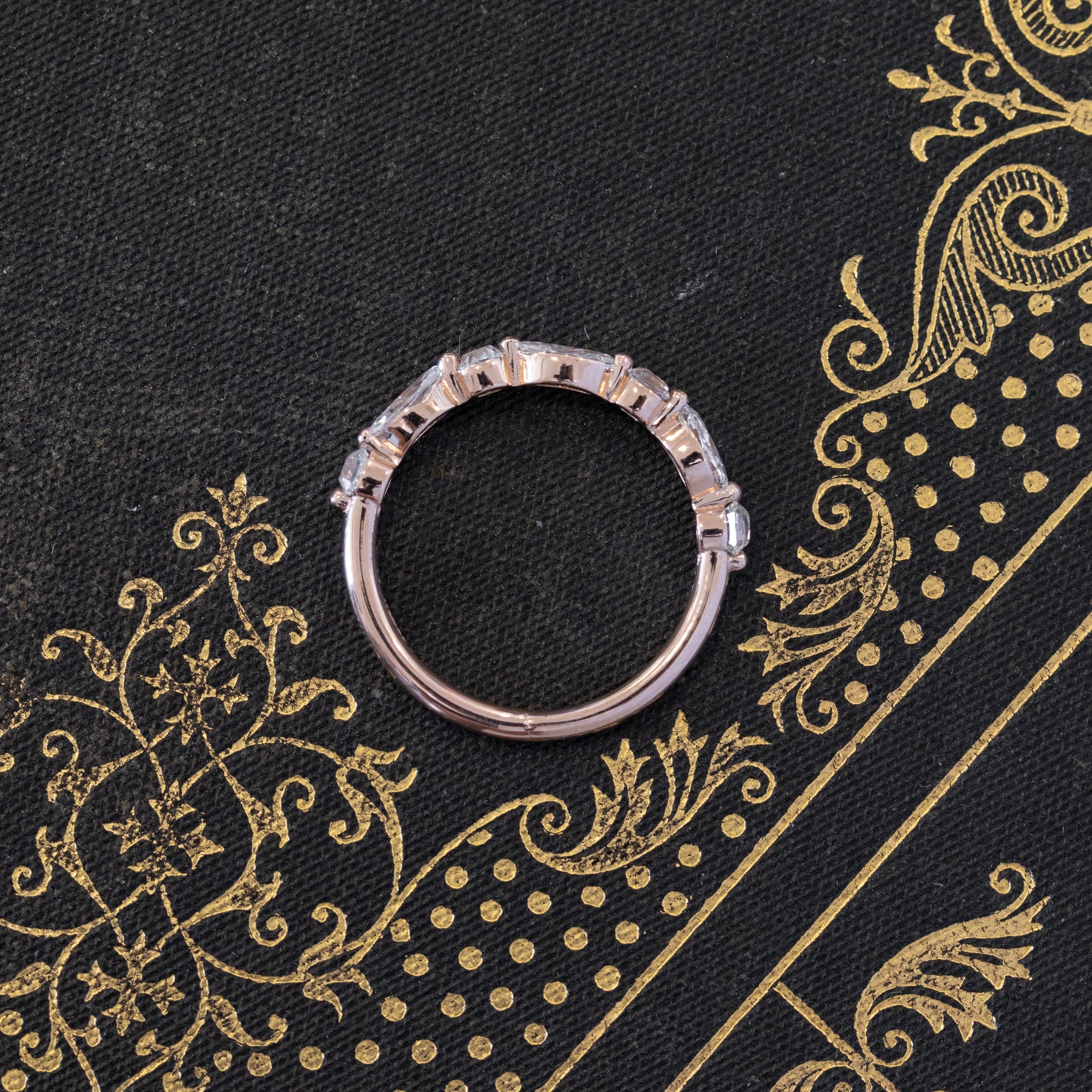 Side view of 1.05ctw Mixed Marquise & Old Mine Cut Diamond Band, vintage-inspired band with Old Mine Cut Diamonds, crafted in rose gold