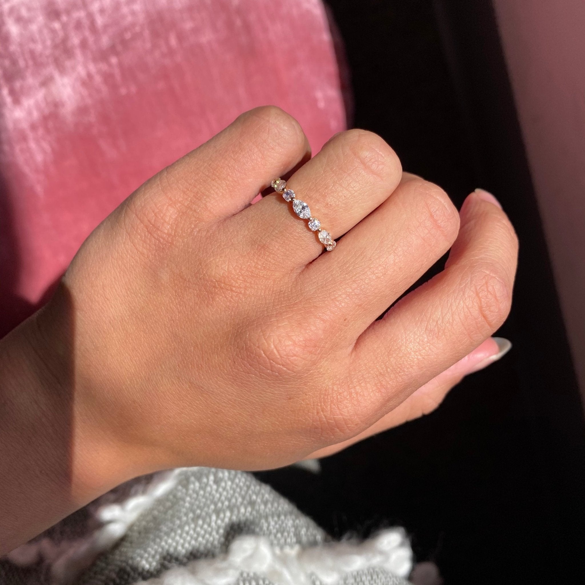 Elegant 1.05ctw Mixed Marquise & Old Mine Cut Diamond Band, romantic design with Old Mine Cut Diamonds, Earth-mined diamonds in rose gold shown on ring finger