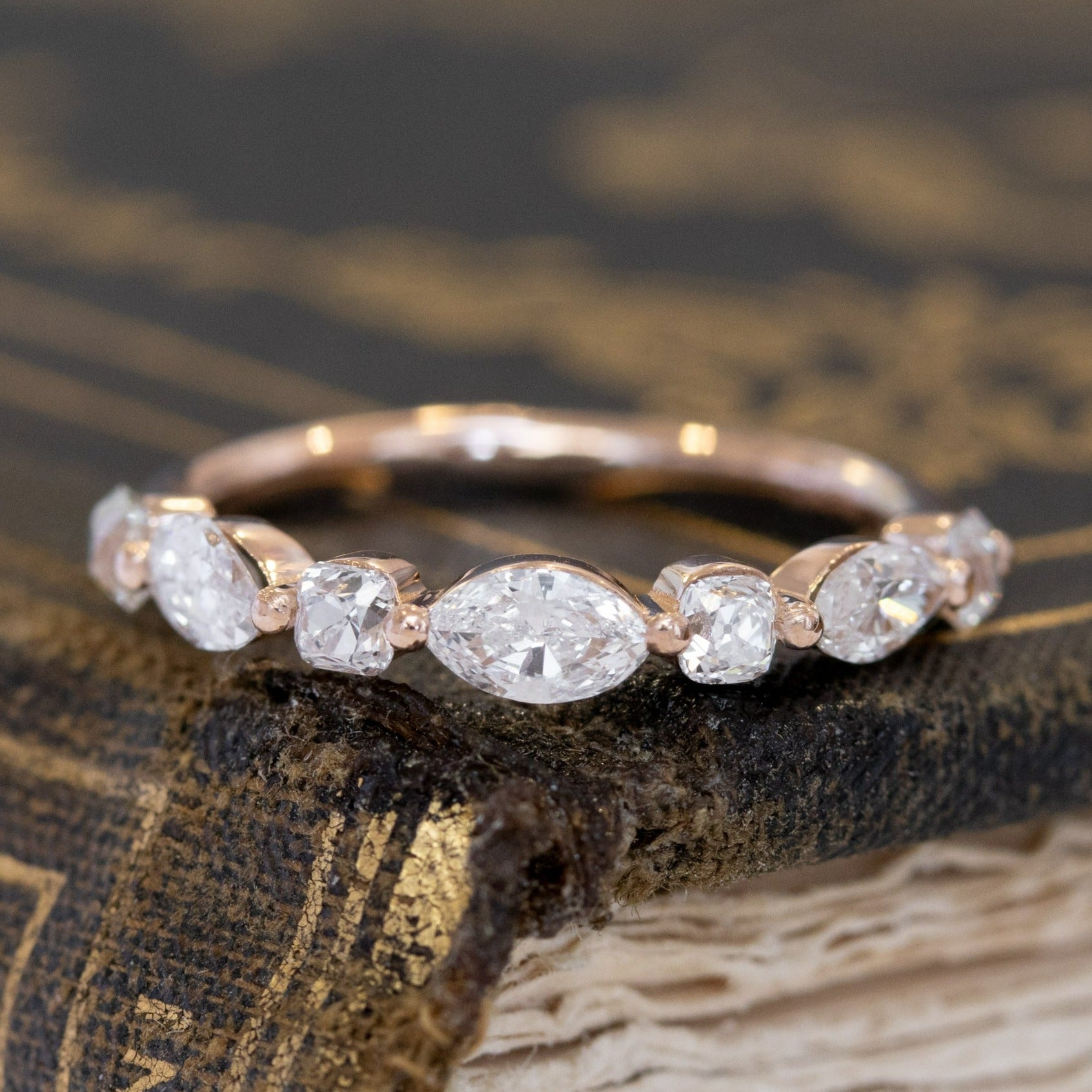 1.05ctw Mixed Marquise & Old Mine Cut Diamond Band with Old Mine Cut Diamonds in rose gold, antique-inspired one-of-a-kind wedding band