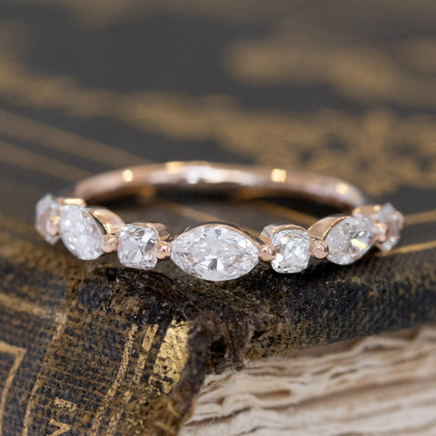 1.05ctw Mixed Marquise & Old Mine Cut Diamond Band with Old Mine Cut Diamonds in rose gold, antique-inspired one-of-a-kind wedding band