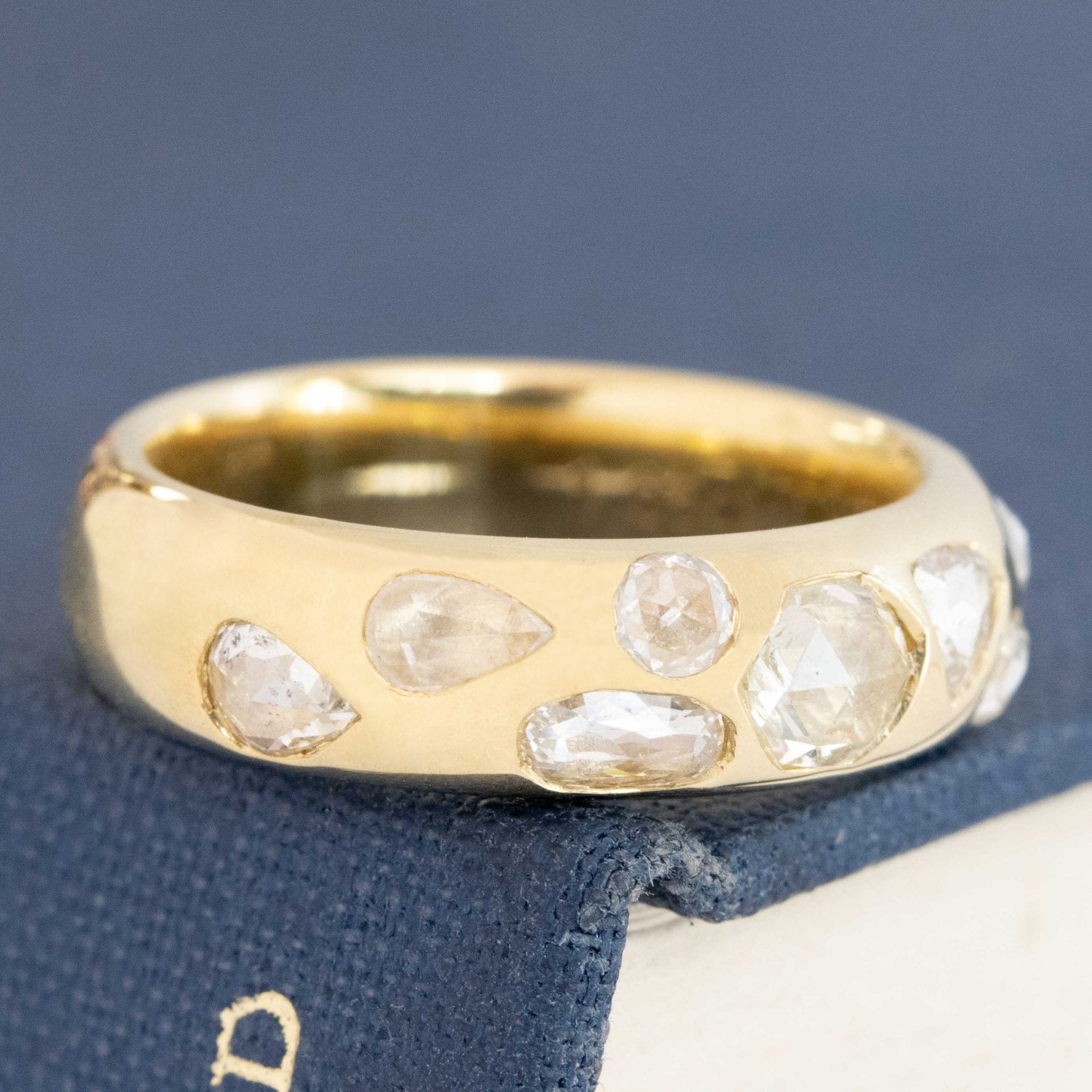 Historic style 1.05ctw Mixed Rose Cut Diamond Scatter Band wedding band with Antique Diamonds, unique heirloom in yellow gold