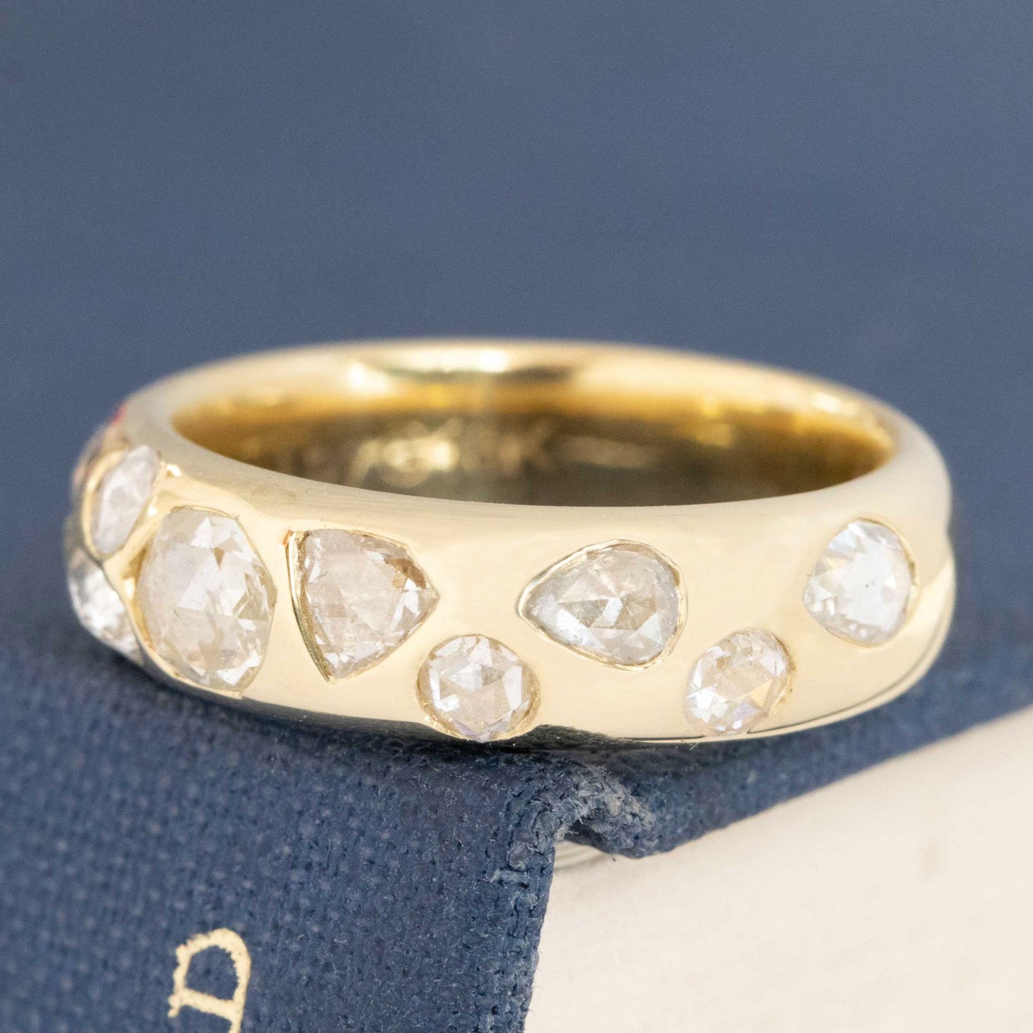 Antique lovers’ 1.05ctw Mixed Rose Cut Diamond Scatter Band in yellow gold, featuring rare Earth-mined Antique Diamonds