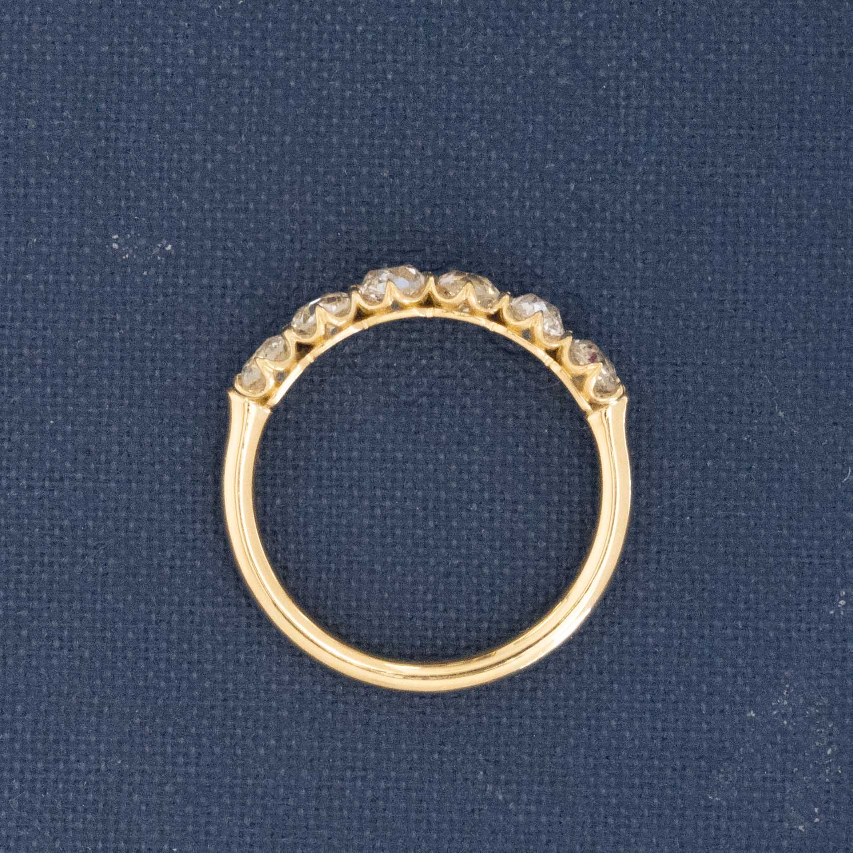 Side view of 1.05ctw Old Mine Cut Diamond 6-Stone Band, natural Earth-mined Old Mine Cut Diamonds in yellow gold