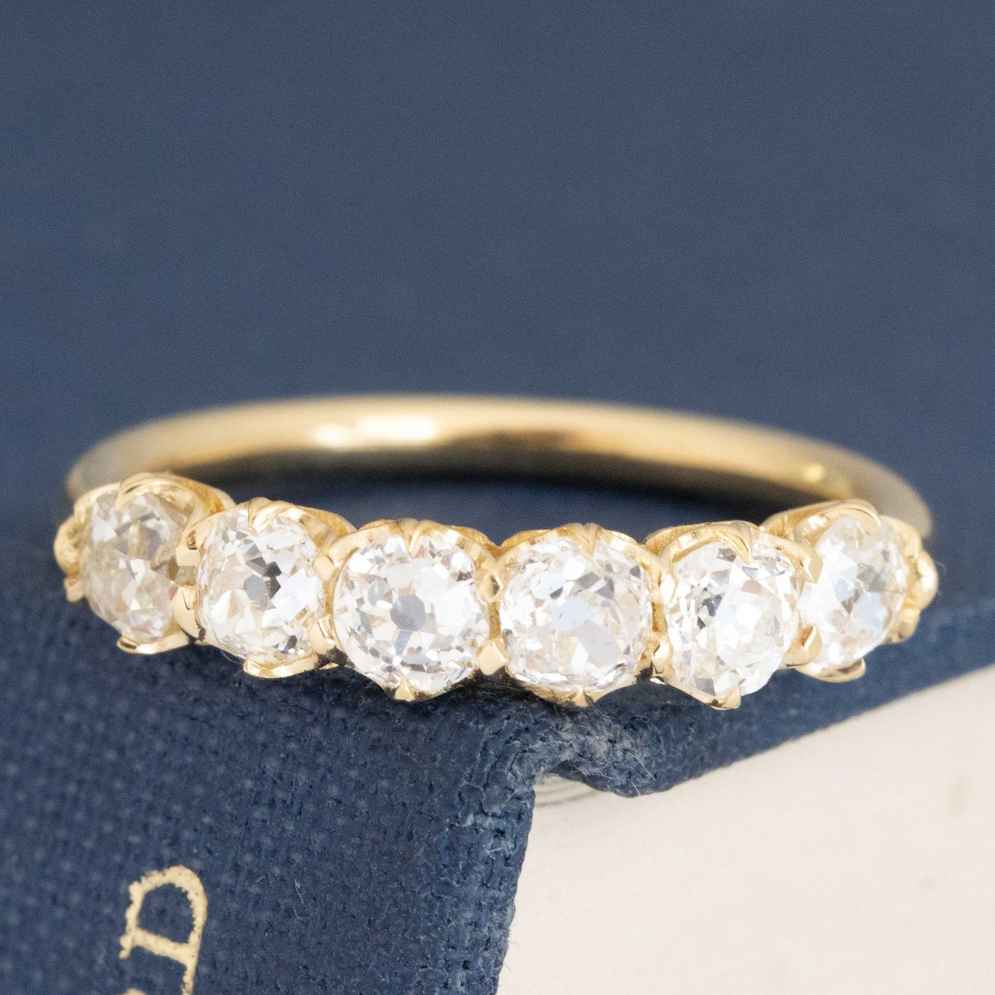 1.05ctw Old Mine Cut Diamond 6-Stone Band with Old Mine Cut Diamonds in yellow gold, antique-inspired one-of-a-kind wedding band