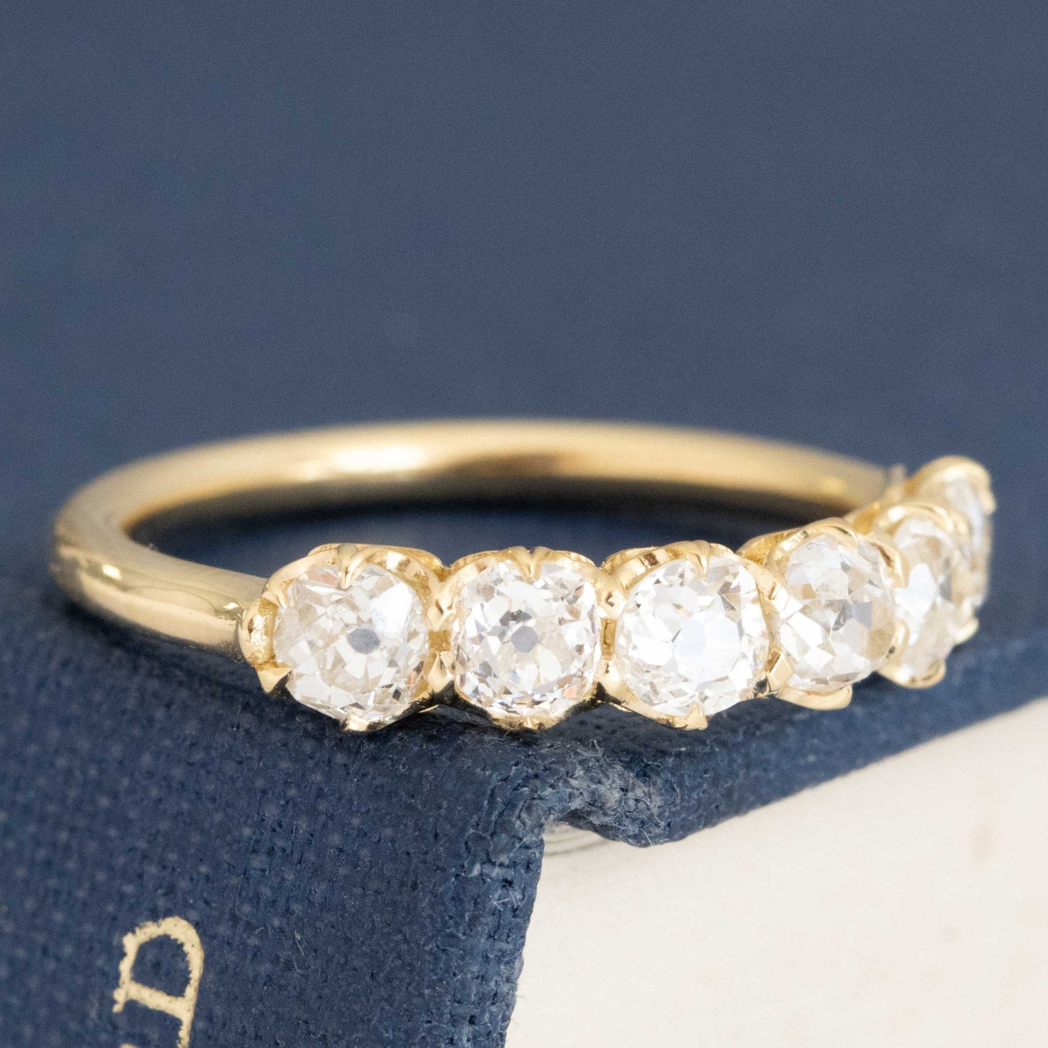 Historic style 1.05ctw Old Mine Cut Diamond 6-Stone Band wedding band with Old Mine Cut Diamonds, unique heirloom in yellow gold