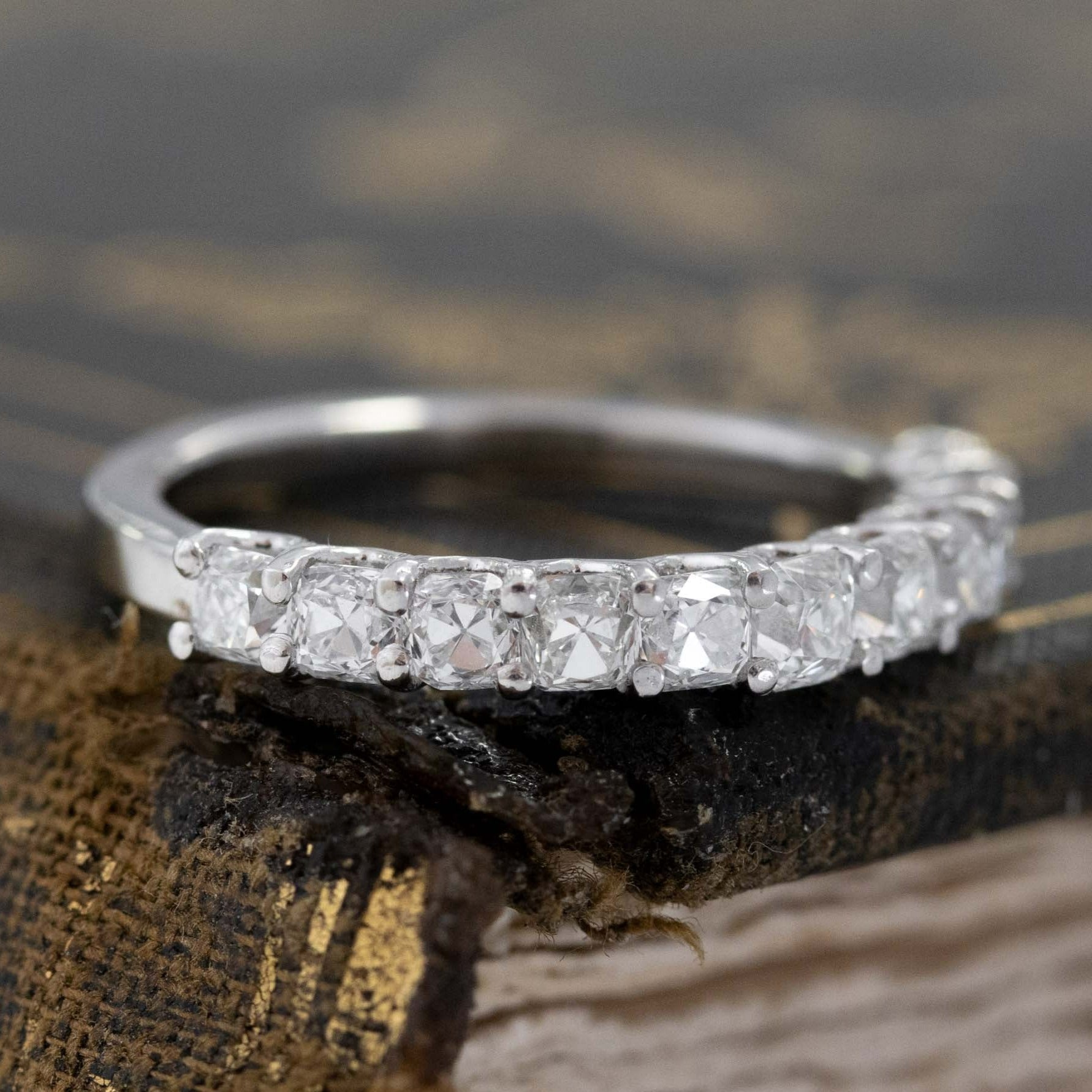 Historic style 1.05ctw Old Mine Cut Diamond Half-Eternity Band wedding band with Old Mine Cut Diamonds, unique heirloom in platinum