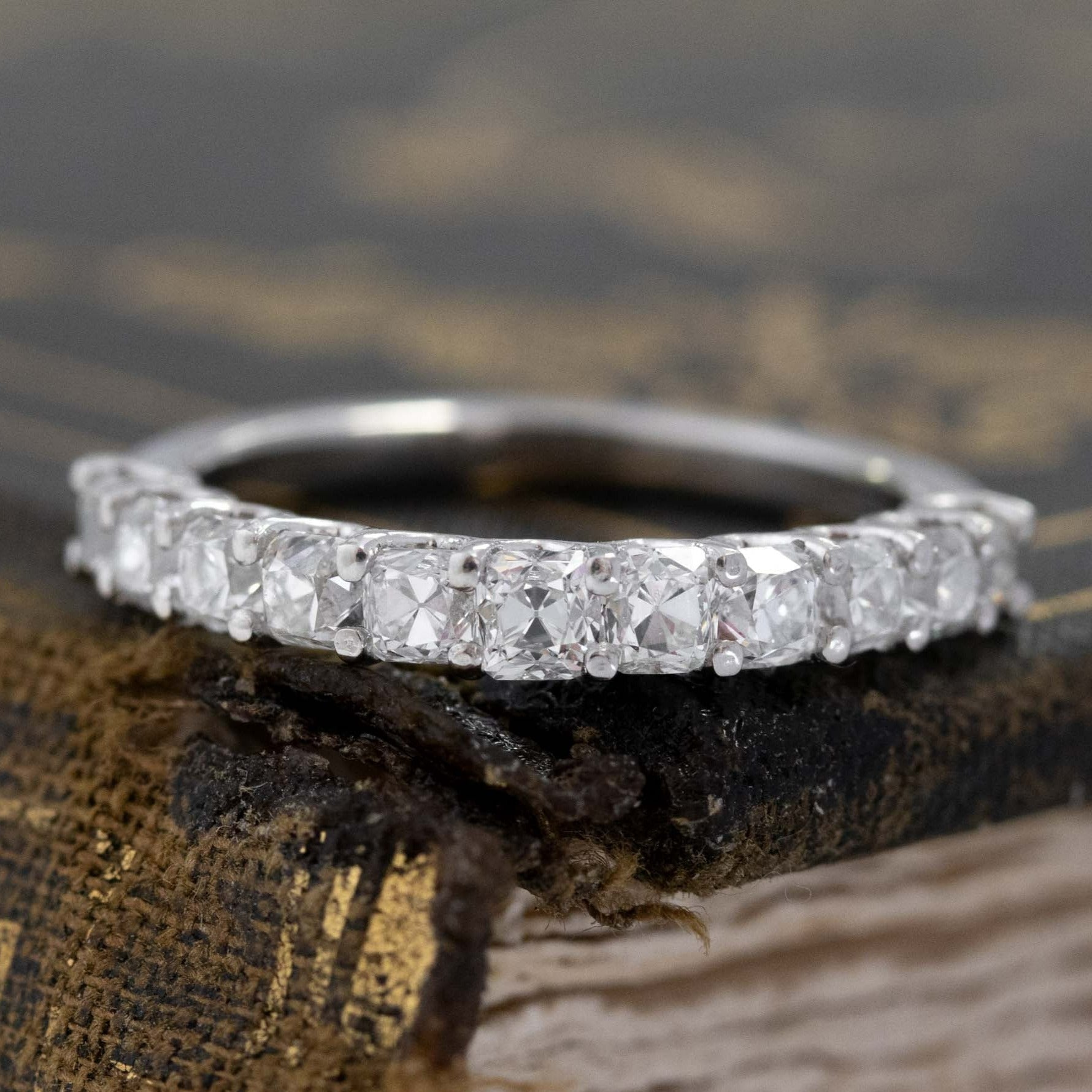 1.05ctw Old Mine Cut Diamond Half-Eternity Band with Old Mine Cut Diamonds in platinum, antique-inspired one-of-a-kind wedding band