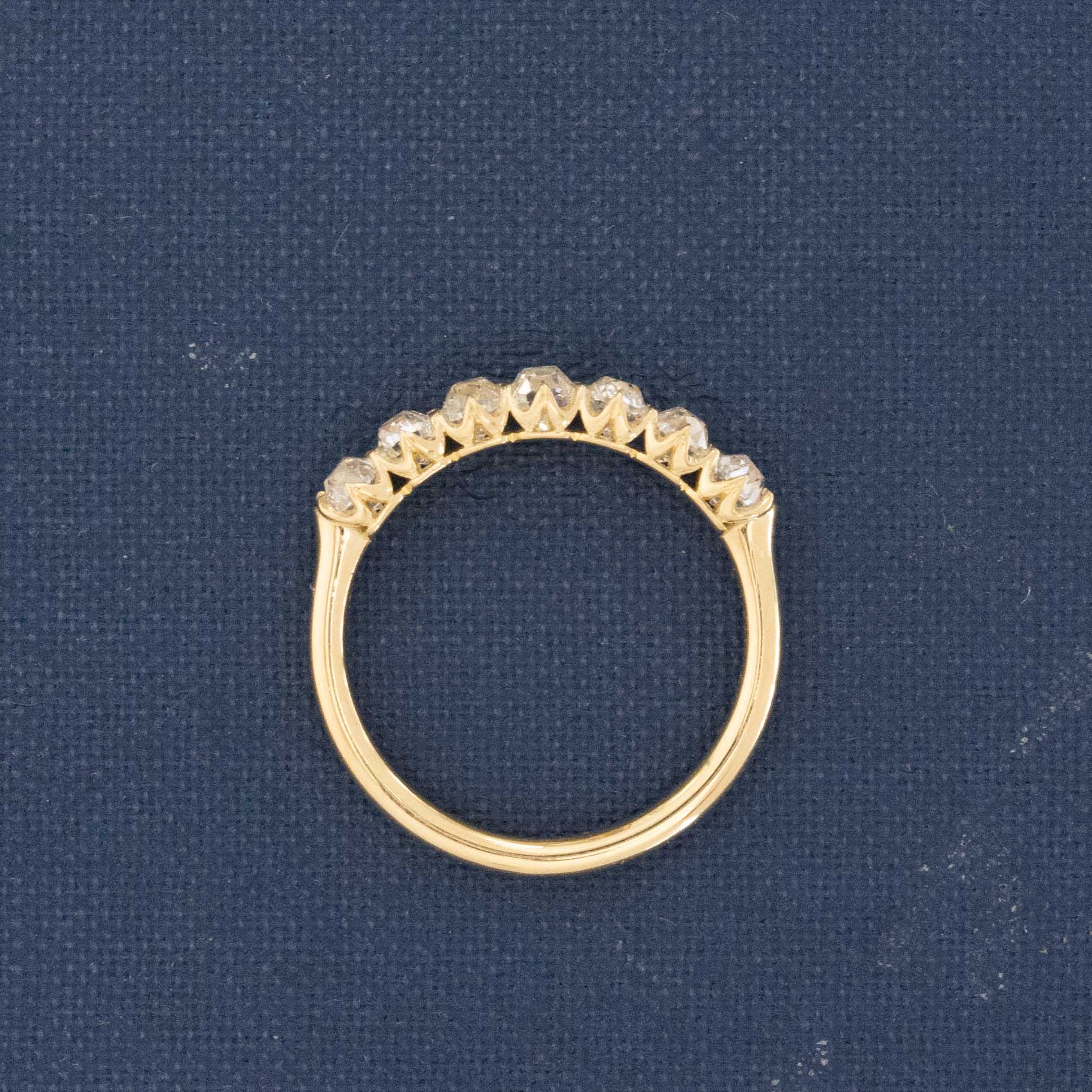 Side view of 1.05ctw Old Mine Cut Diamond Half-Hoop Band, natural Earth-mined Old Mine Cut Diamonds in yellow gold